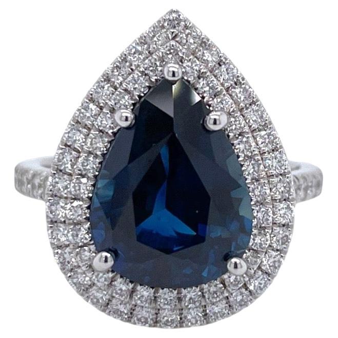 Sapphire & Diamond Double Halo  Ring in 18K White Gold For Sale