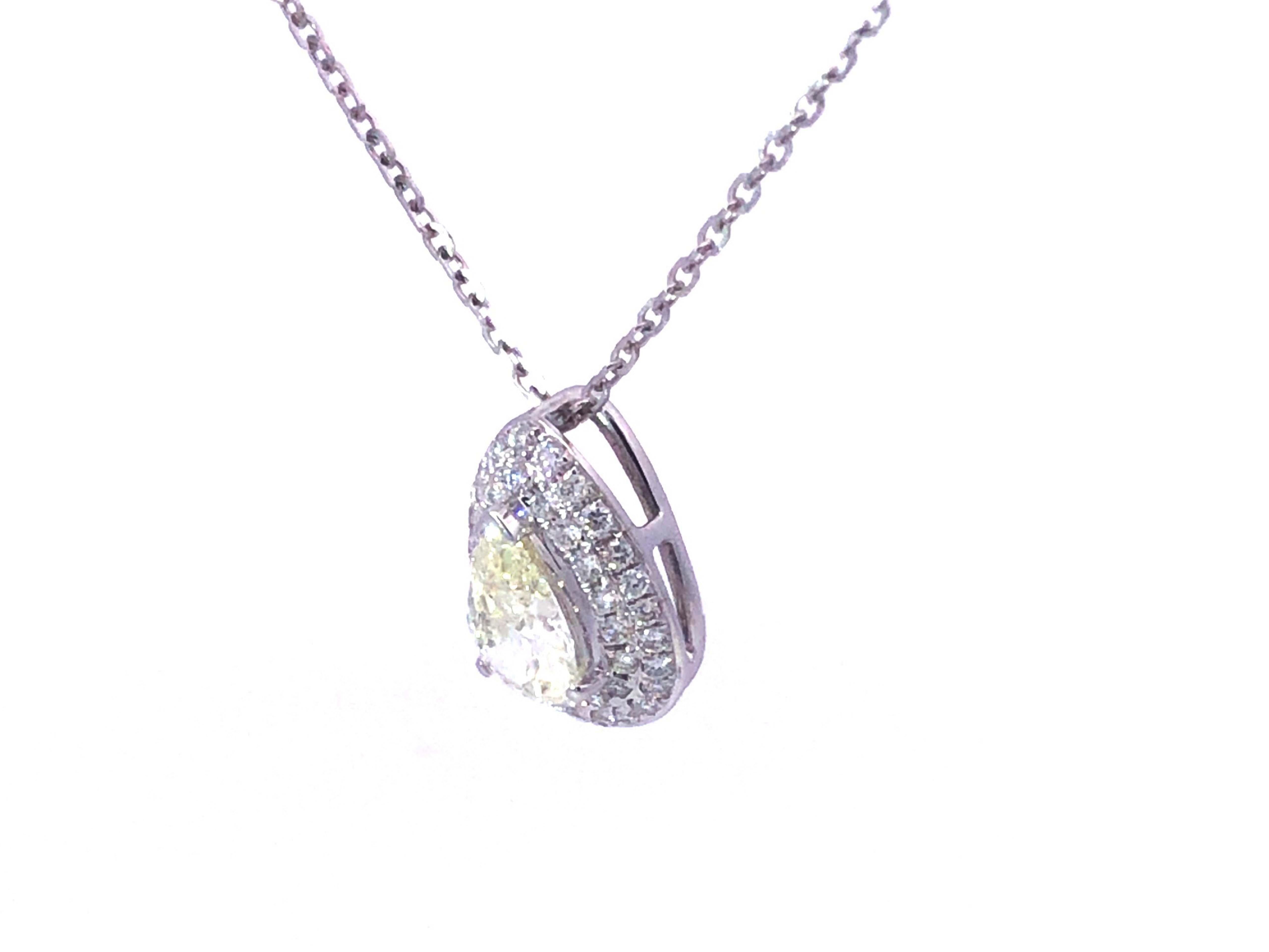 Modern Double Halo Pear Shaped Diamond Pendant in 18k White Gold For Sale