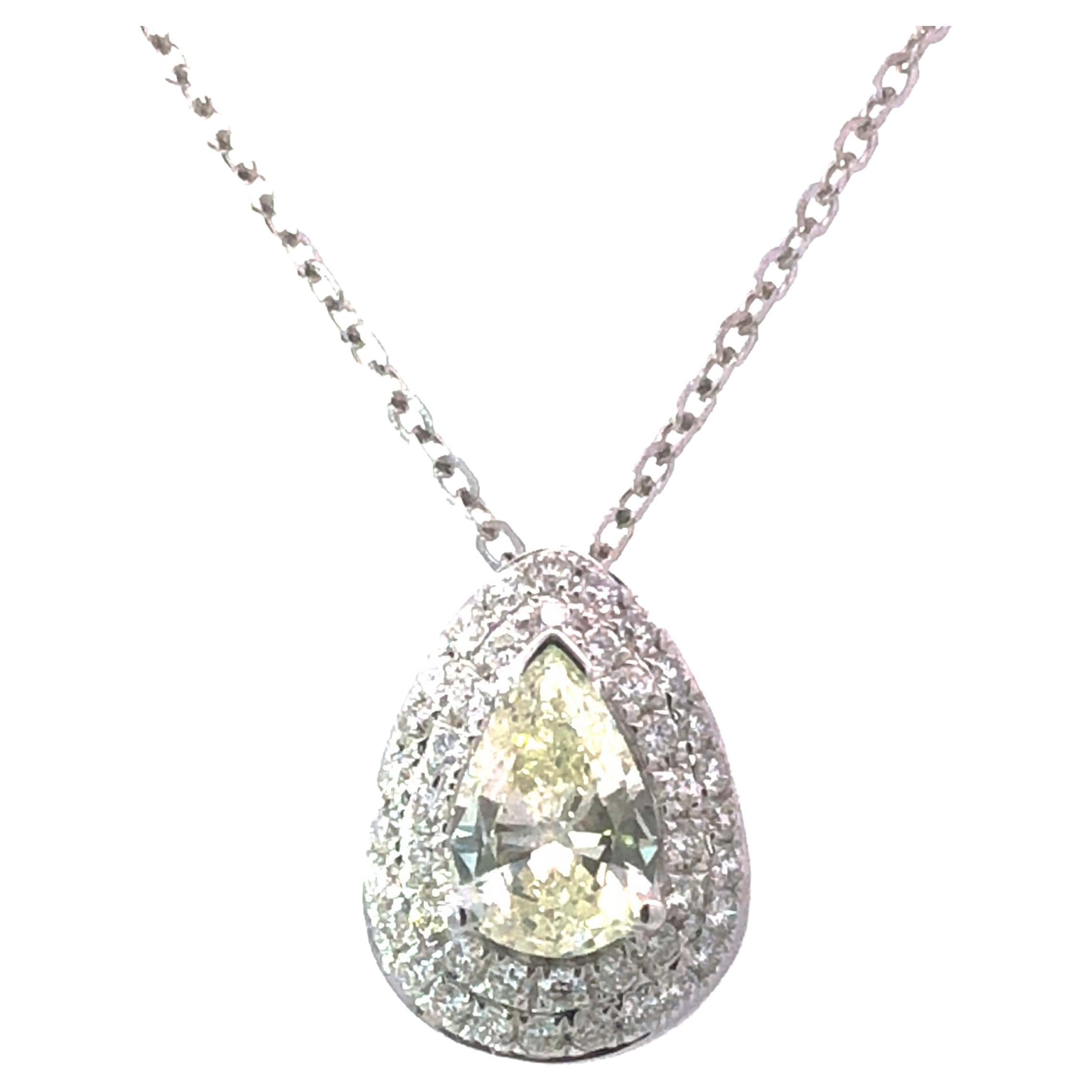 Double Halo Pear Shaped Diamond Pendant in 18k White Gold For Sale