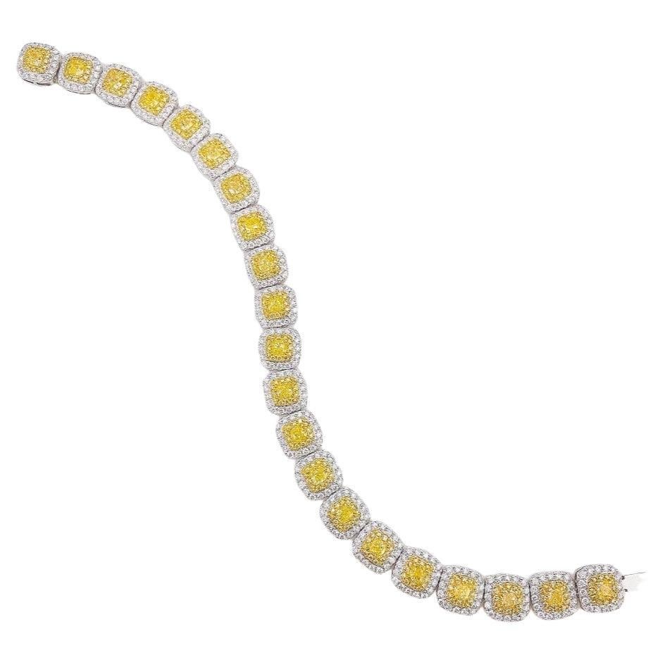 Double Halo Pillow Cut 18K Yellow Gold Diamond Bracelet For Sale