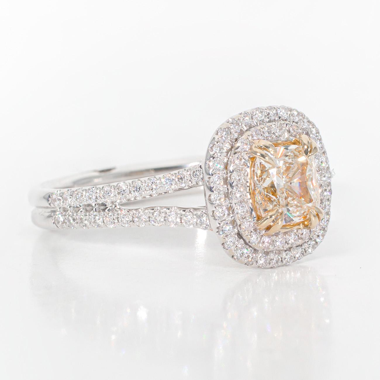 Cushion Cut Double Halo Ring in 18K WG with Fancy Yellow Cushion Diamond Center. D1.37ct. For Sale
