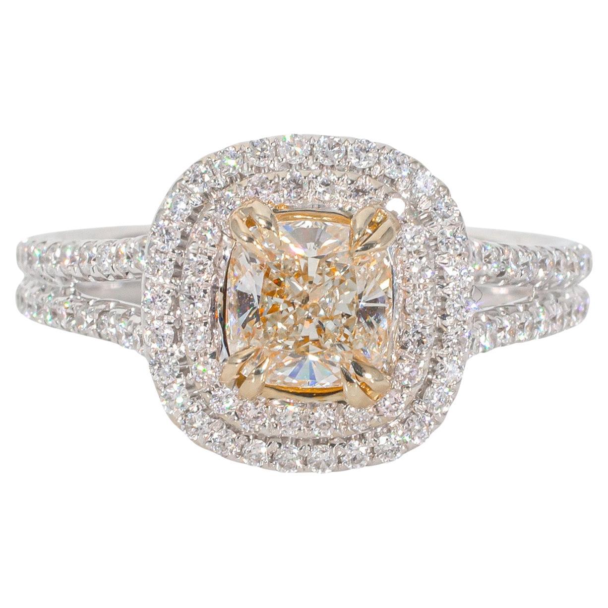 Double Halo Ring in 18K WG with Fancy Yellow Cushion Diamond Center. D1.37ct. For Sale