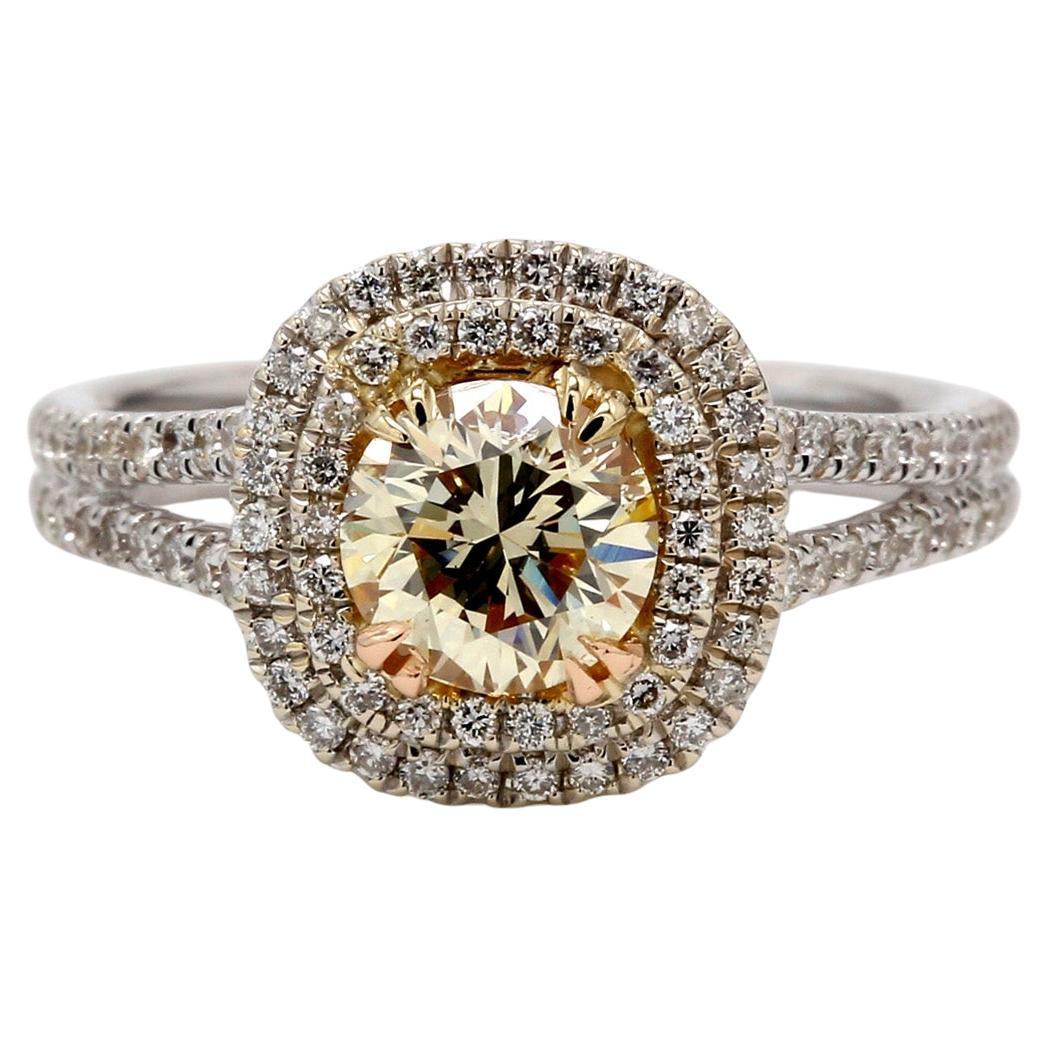 Double Halo Ring with GIA certified T/VS2 Round Diamond Center. D1.46ct.t.w. For Sale