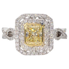 Double Halo Ring with Very Light Yellow Radiant Cut Diamond Center.  D1.65ct.t.w