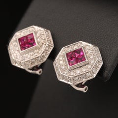 Double Halo Ruby Earrings, Vintage Ruby Diamond Earrings