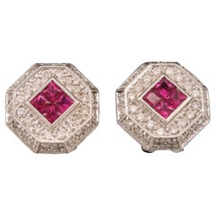 Double Halo Ruby Earrings, Vintage Ruby Diamond Earrings