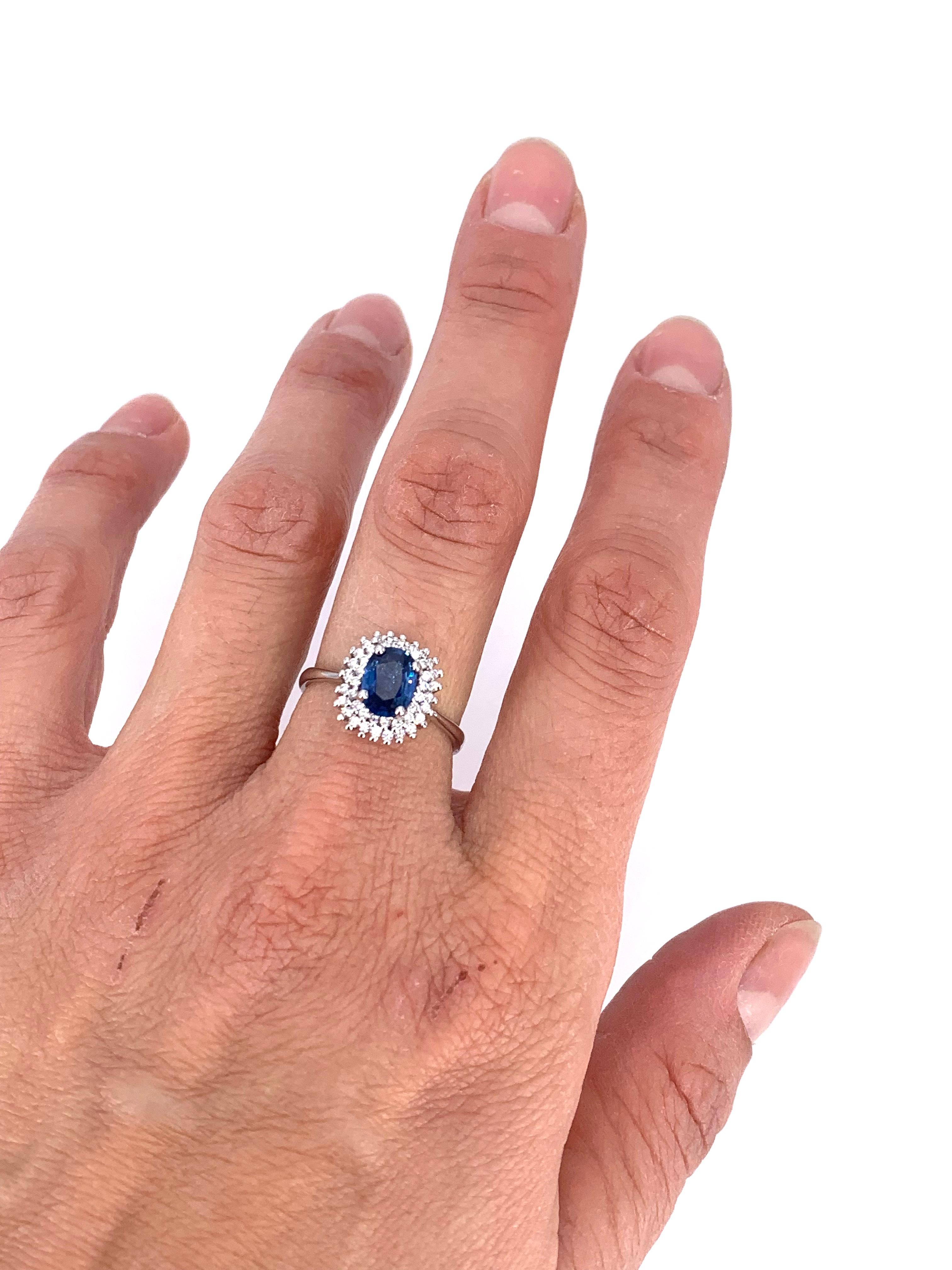 Contemporary Double Halo 1.12 Carat Sapphire & 0.34 Carat Diamond Cocktail Ring For Sale 1