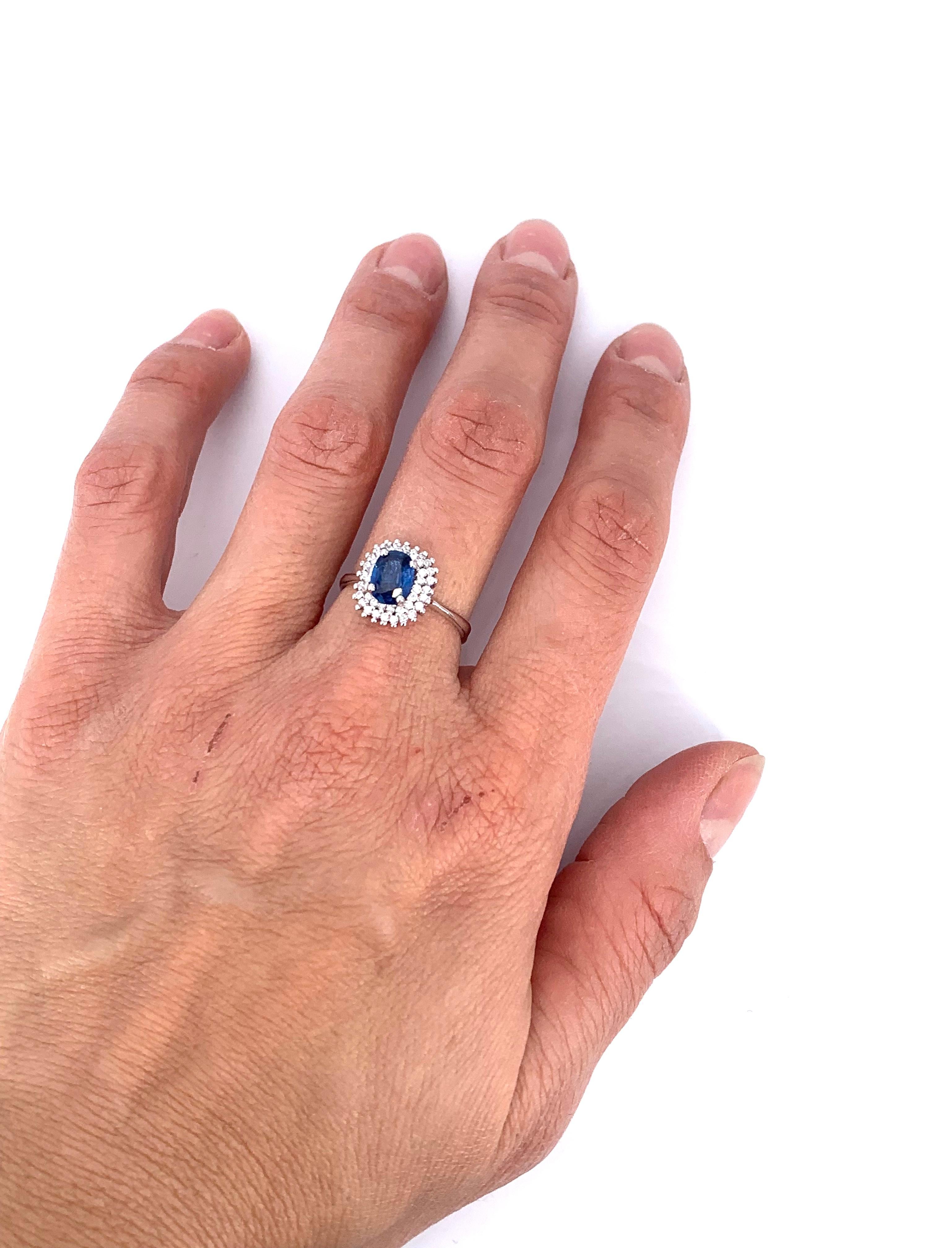 Contemporary Double Halo 1.12 Carat Sapphire & 0.34 Carat Diamond Cocktail Ring For Sale 2