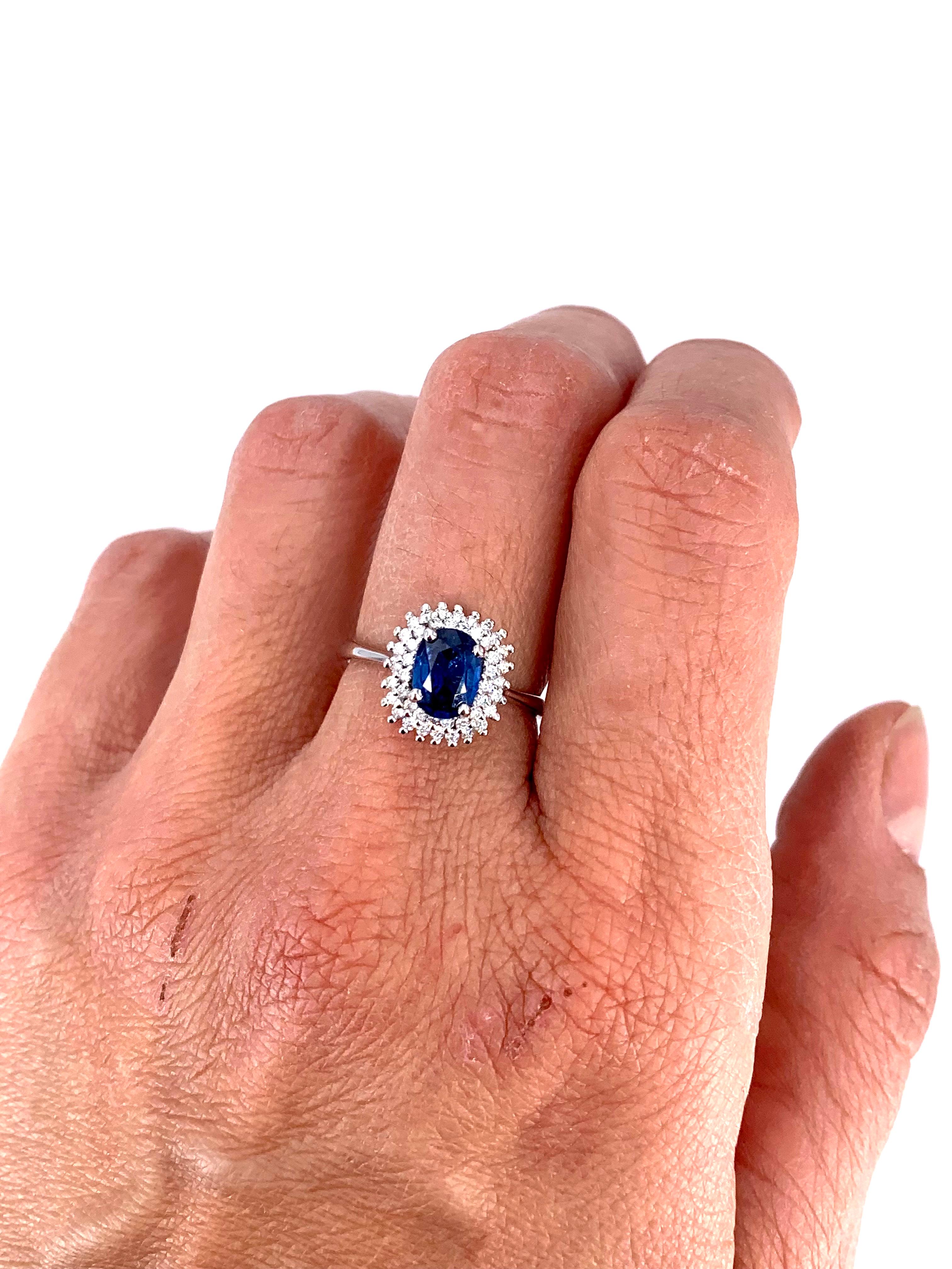 Contemporary Double Halo 1.12 Carat Sapphire & 0.34 Carat Diamond Cocktail Ring For Sale 4