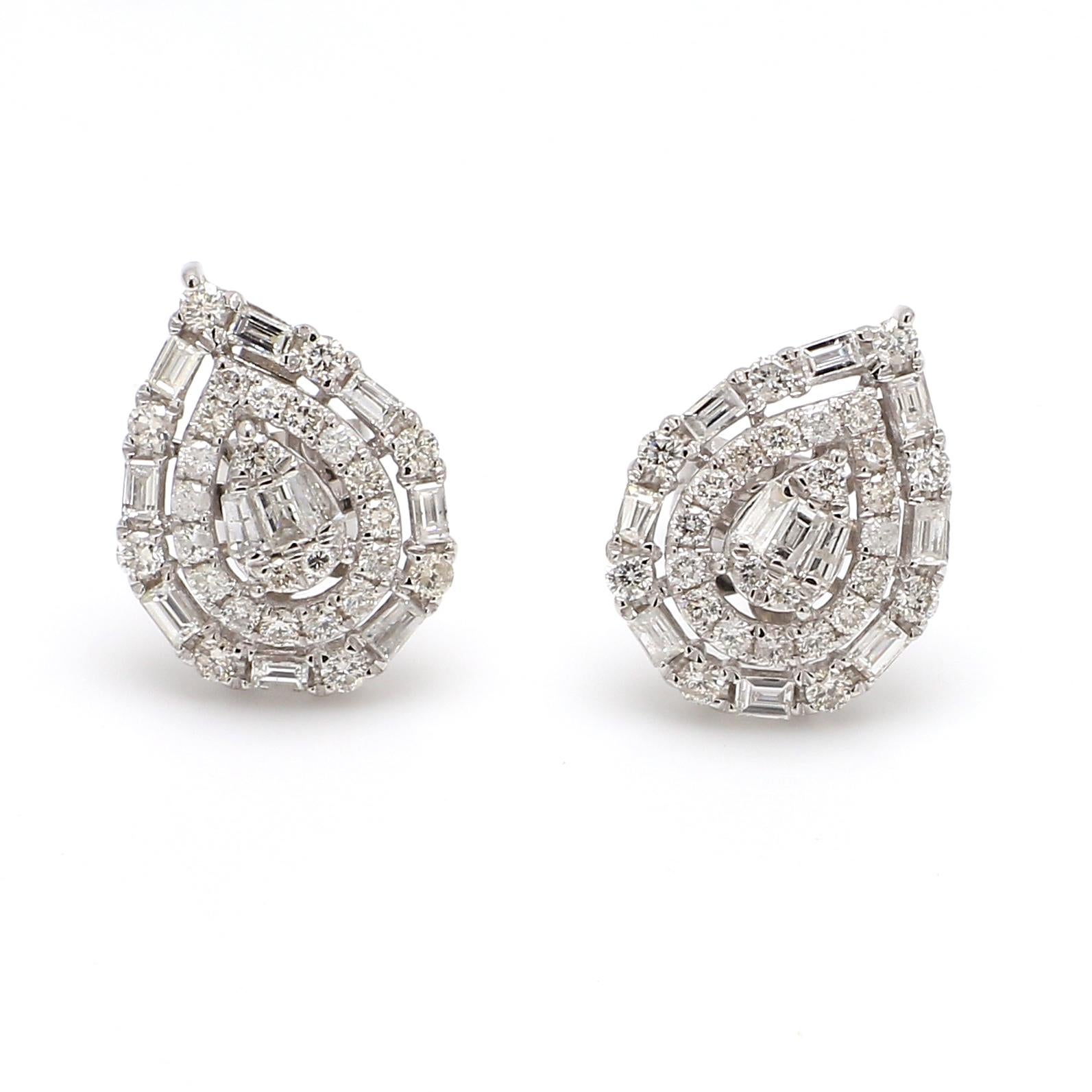 Modernist Double Halo SI/H Diamond Teardrop Stud Earrings in 18k Solid White Gold For Sale