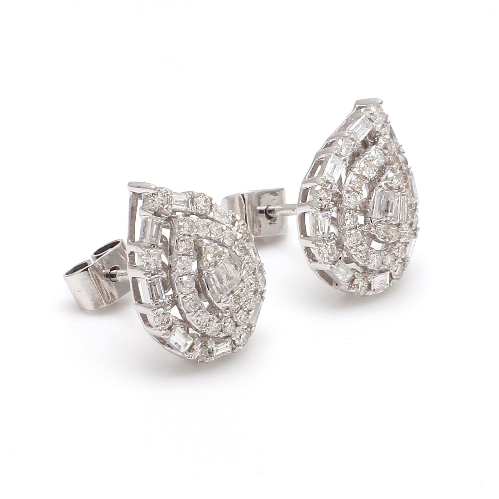 Mixed Cut Double Halo SI/H Diamond Teardrop Stud Earrings in 18k Solid White Gold For Sale