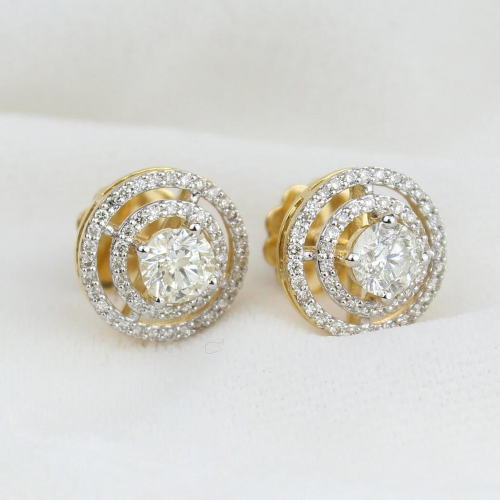 Art déco Boucles d'oreilles solitaire double halo en or massif 14K (certifié) en vente