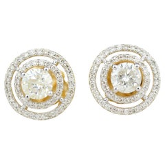 Boucles d'oreilles solitaire double halo en or massif 14K (certifié)