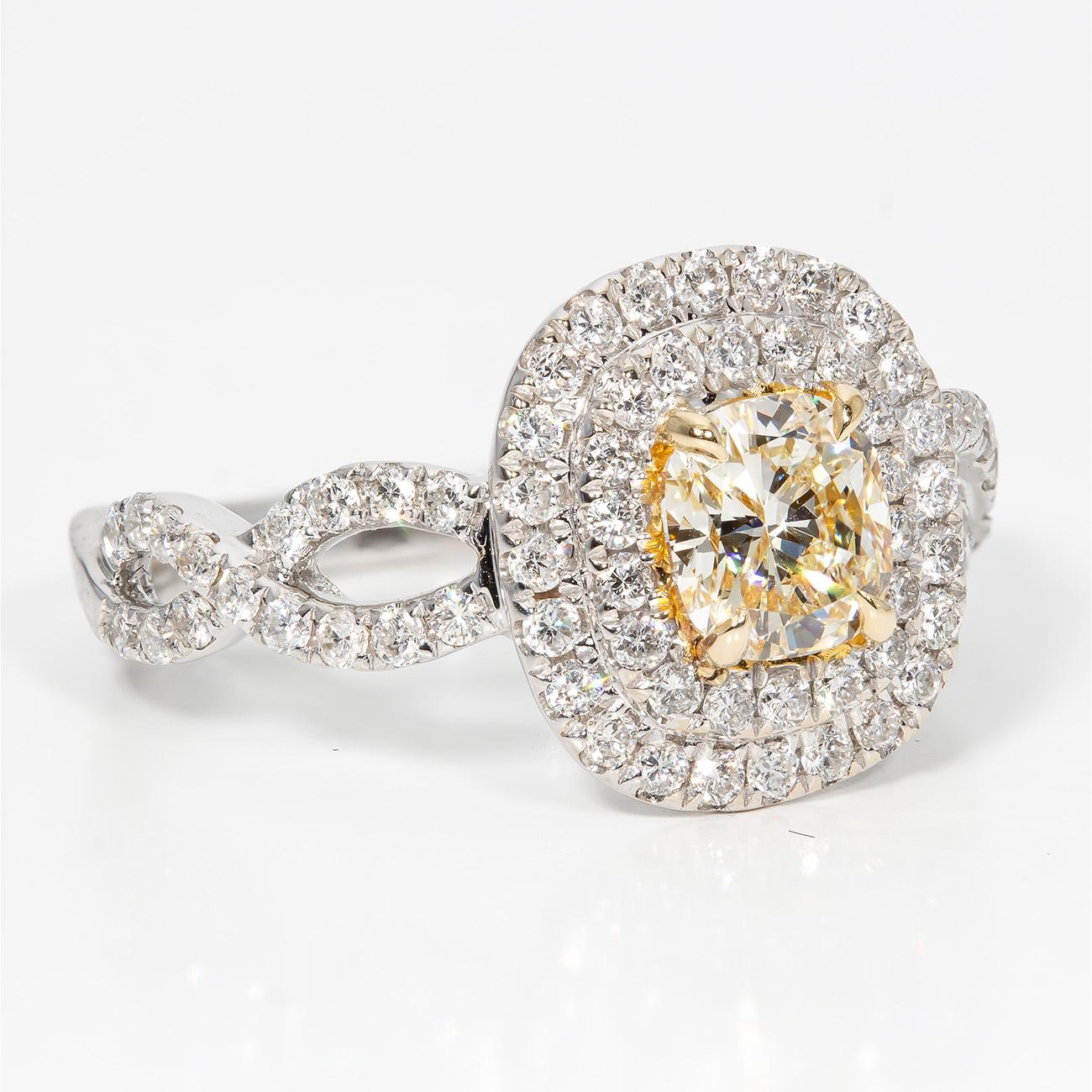 Cushion Cut Double Halo Split Shank Ring with Fancy Yellow Cushion Diamond Center. D1.34ct. For Sale