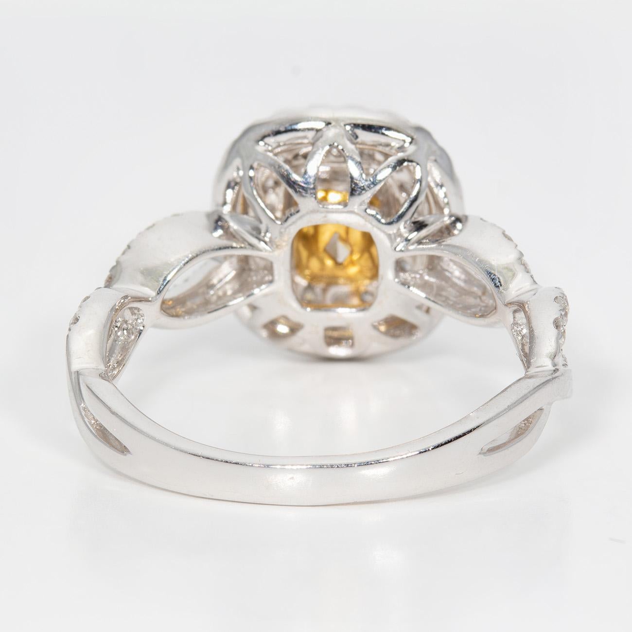 Women's Double Halo Split Shank Ring with Fancy Yellow Cushion Diamond Center. D1.34ct. For Sale