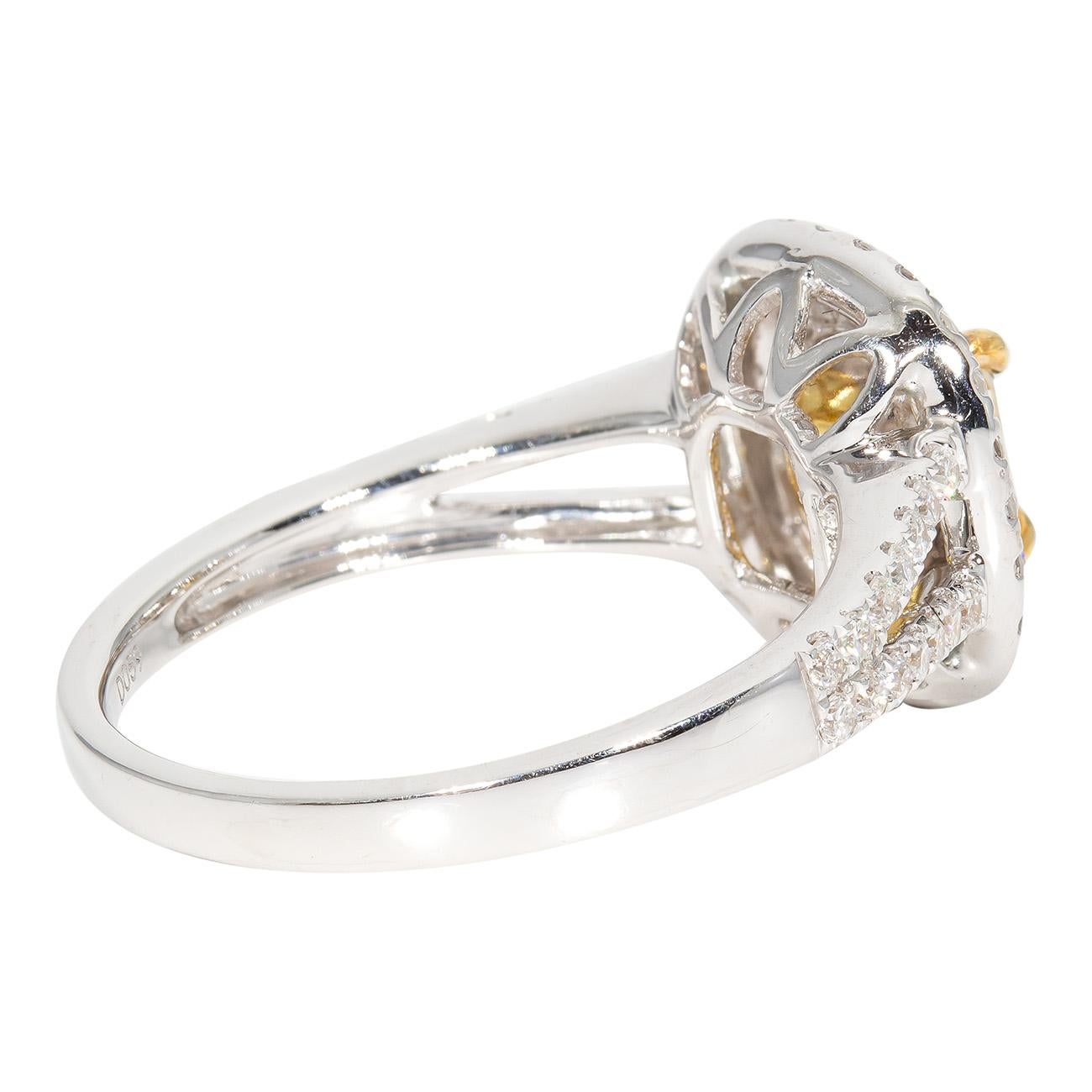 Radiant Cut Double Halo Split Shank Ring with Fancy Yellow Radiant Diamond Center.  D1.25ct. For Sale