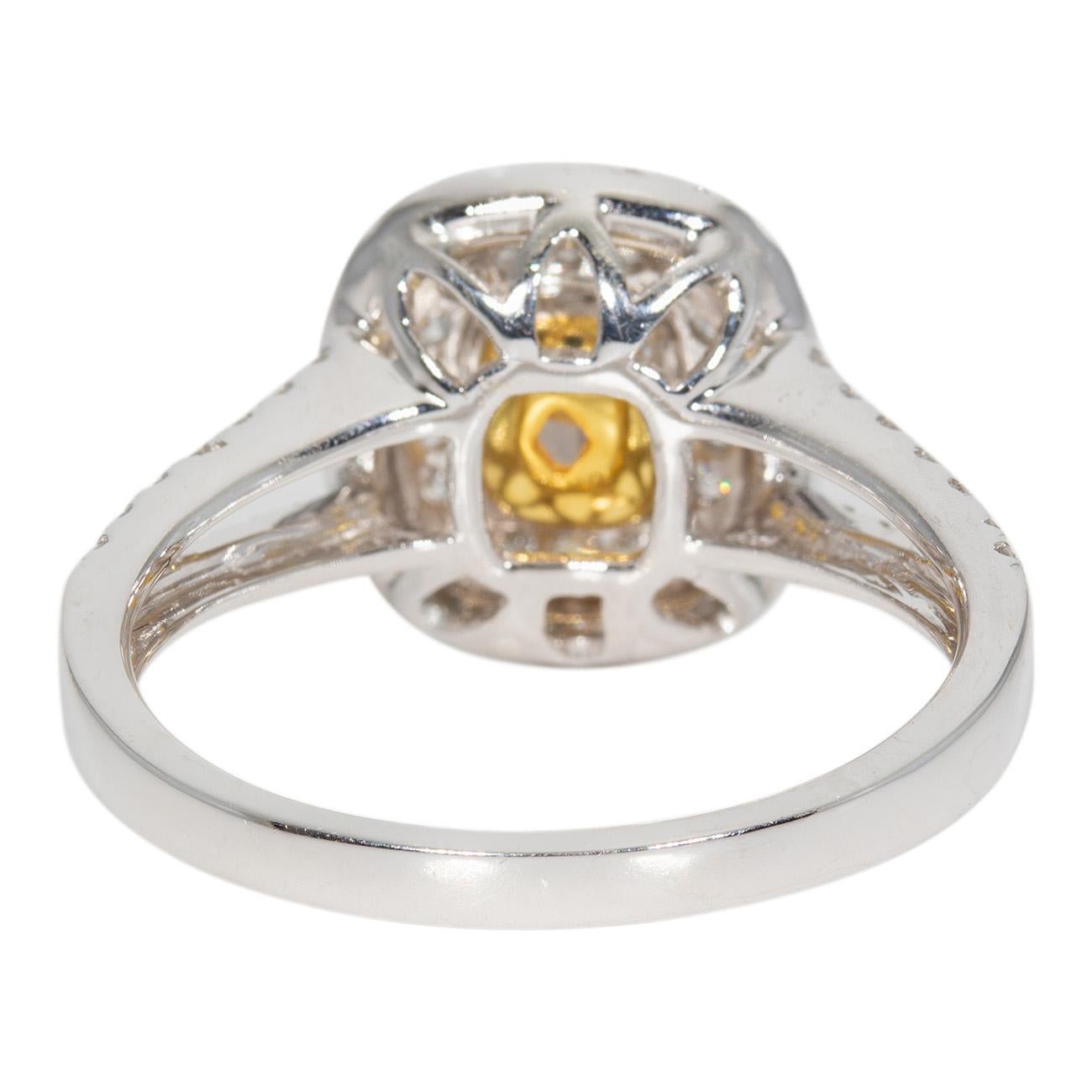Double Halo Split Shank Ring with Fancy Yellow Radiant Diamond Center.  D1.25ct. In New Condition For Sale In Los Angeles, CA