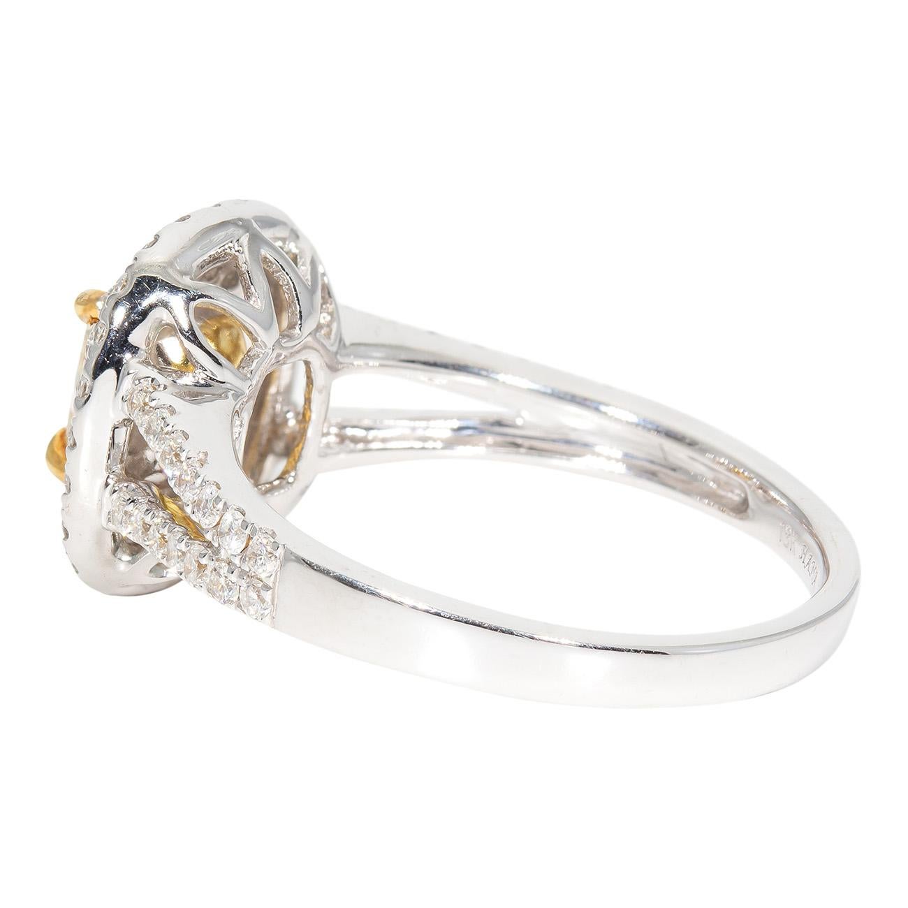 Women's Double Halo Split Shank Ring with Fancy Yellow Radiant Diamond Center.  D1.25ct. For Sale