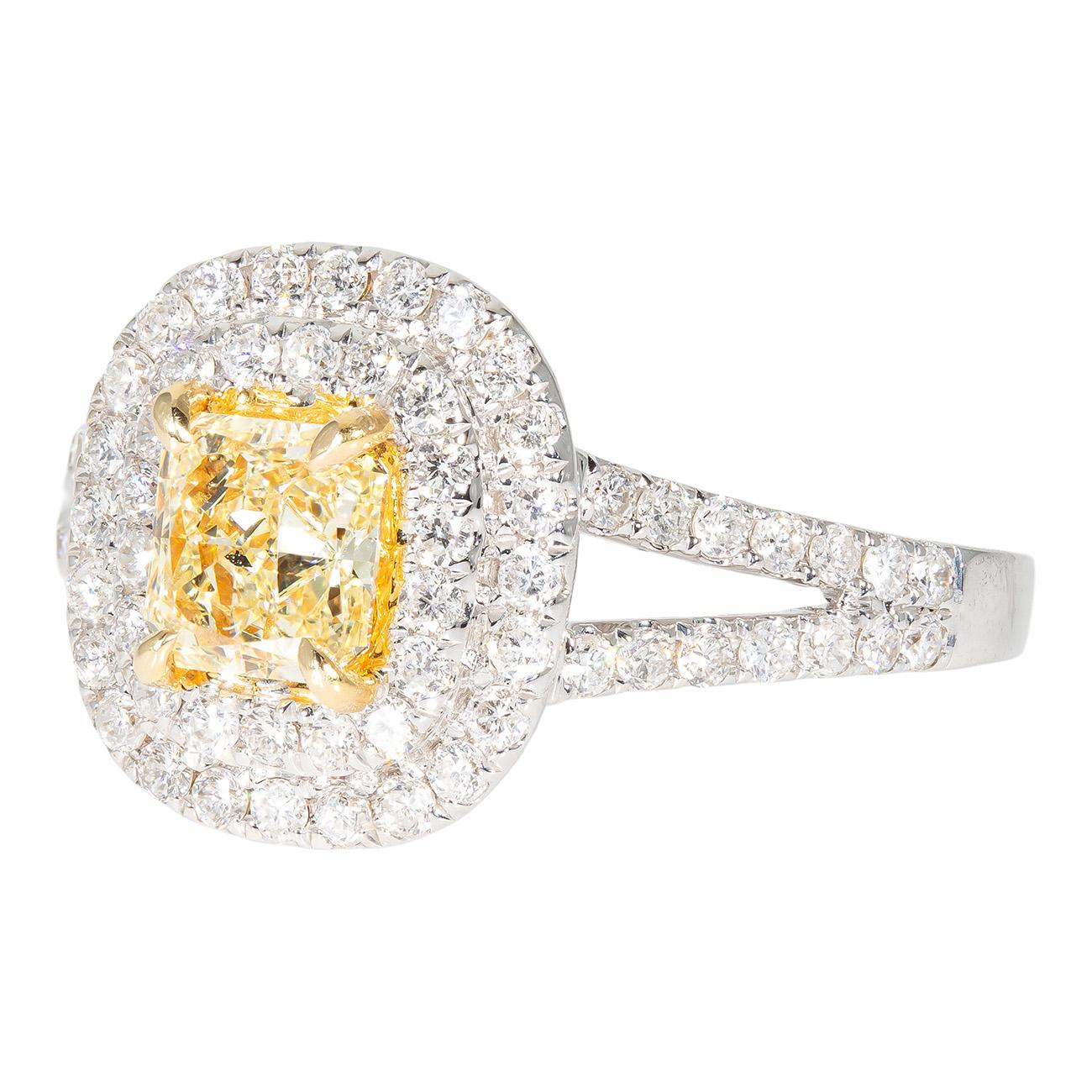 Double Halo Split Shank Ring with Fancy Yellow Radiant Diamond Center.  D1.25ct. For Sale 1