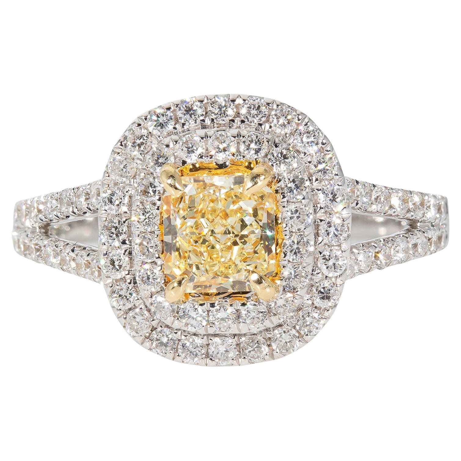 Double Halo Split Shank Ring with Fancy Yellow Radiant Diamond Center.  D1.25ct.