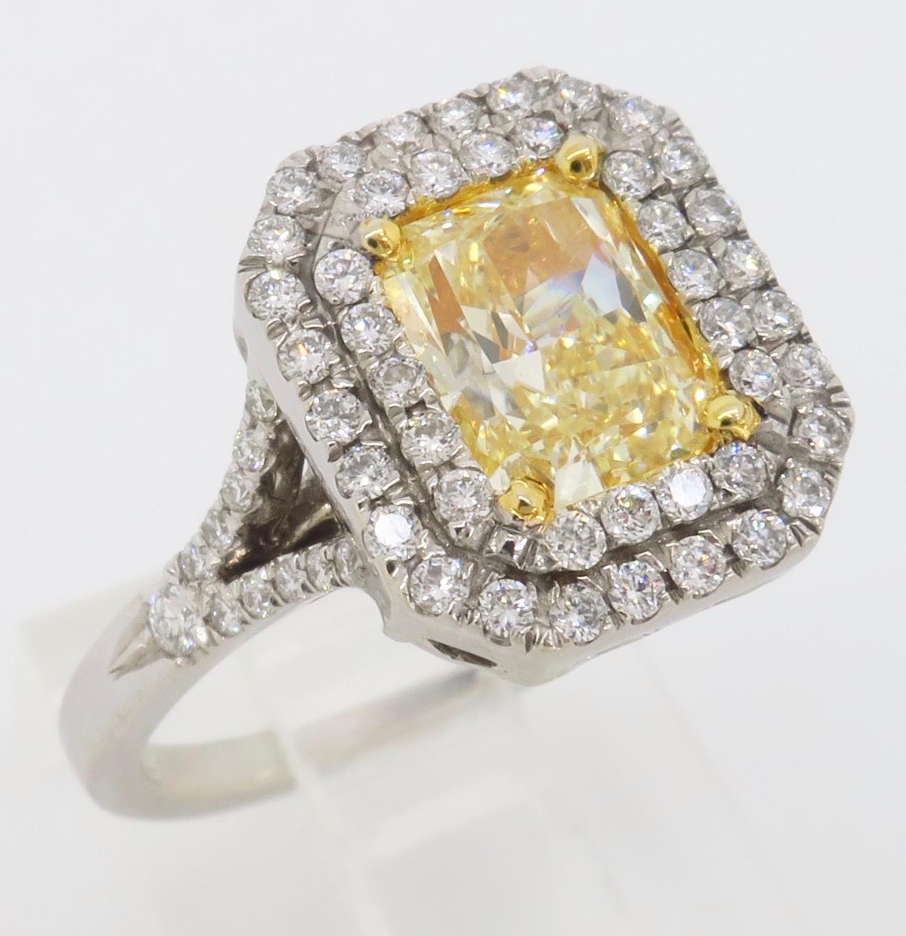 Women's or Men's Double Halo Yellow Diamond Engagement Ring