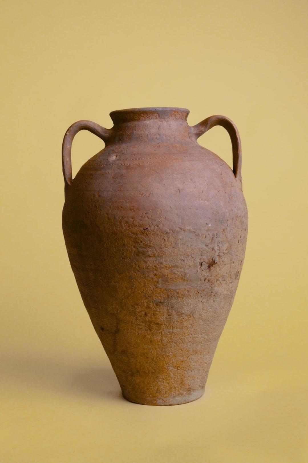 Questo vaso ad anfora in terracotta a doppio manico è un pezzo sorprendente che cattura lo spirito della tradizionale ceramica anatolica, evocando un senso di bellezza e artigianalità senza tempo. Con la sua classica forma ad anfora e due manici