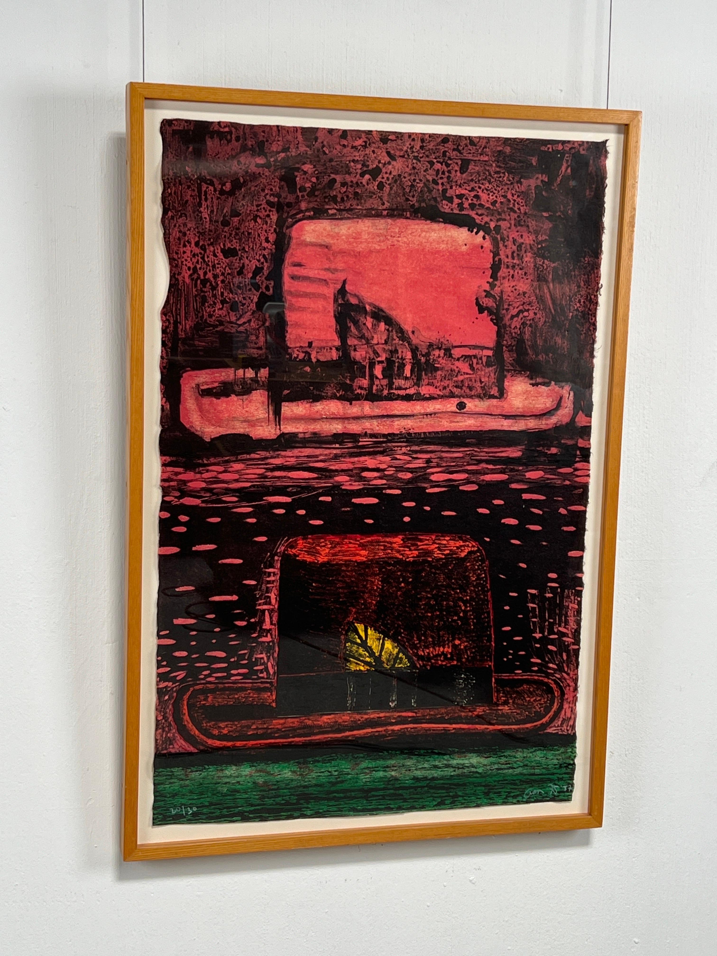 'Double Hats', Editioned Woodcut / Lithograph by Aaron Fink In Good Condition For Sale In Dallas, TX