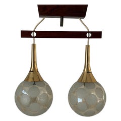 Double Head Ball Glass and Metal Teak Base Pendant Lamp, 1960s, Germany