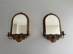 Double Head Brass Wall Hanging Pair of Candleholders with Mirrors, 1940s, Italy