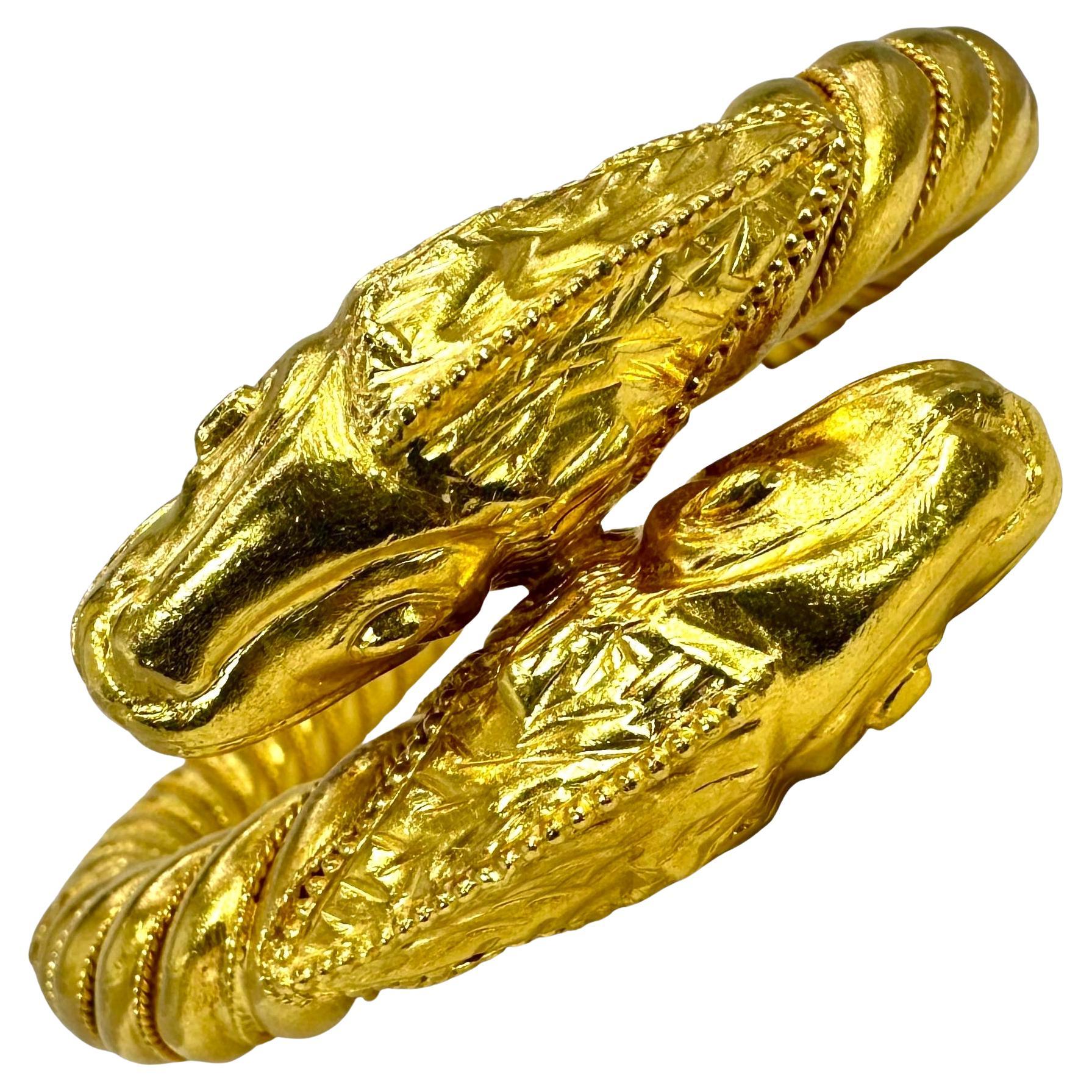 Double Headed Mythical Creature Bypass Cuff Bracelet in 22K Gold by Lalaounis  For Sale
