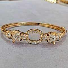 Double Headed Panther Bangle Bracelet with Diamonds in 18k Yellow Gold