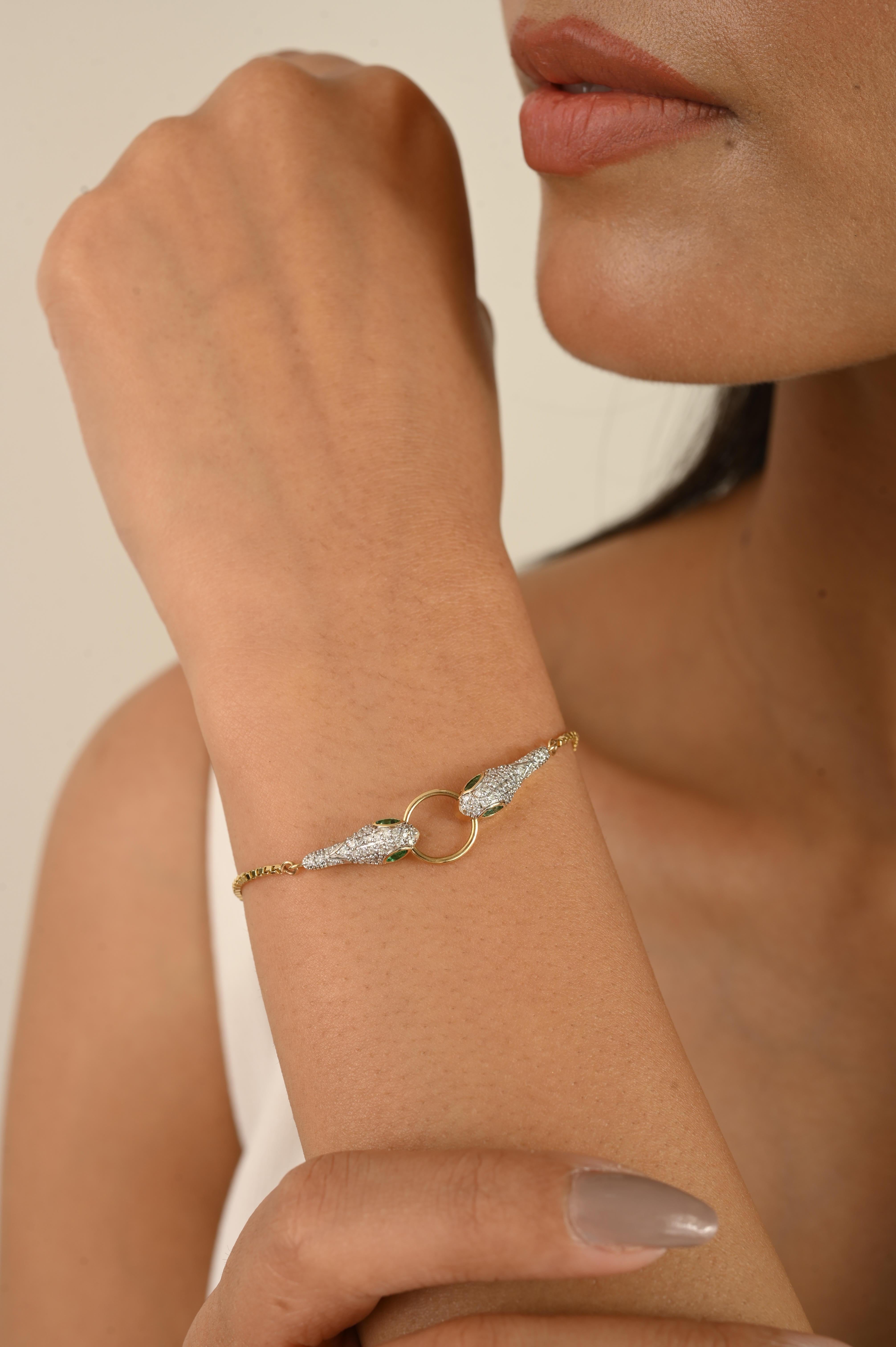Double-Headed Serpent Bracelet in 18K Solid Yellow Gold with Emerald & Diamonds For Sale 4
