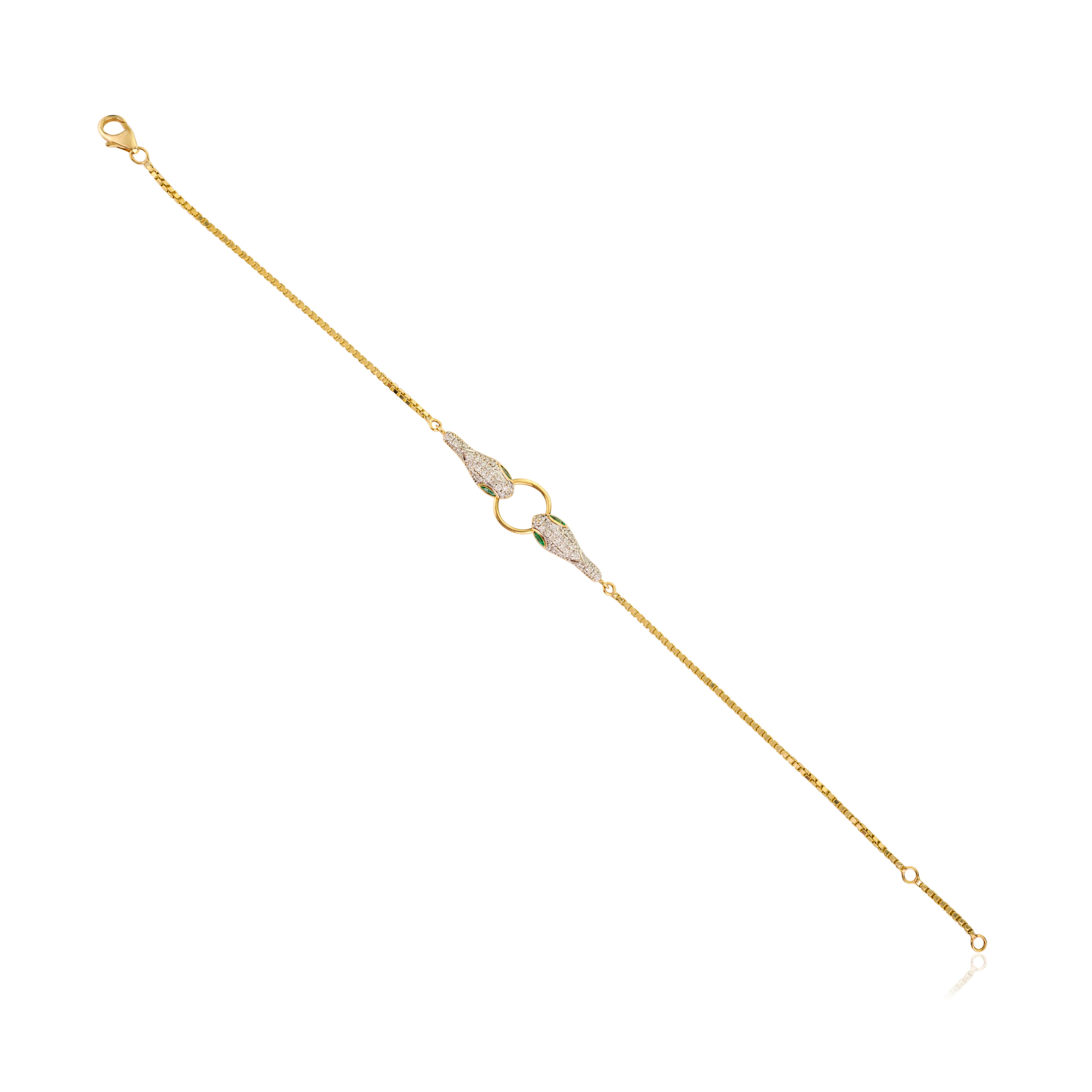 Modernist Double-Headed Serpent Bracelet in 18K Solid Yellow Gold with Emerald & Diamonds For Sale