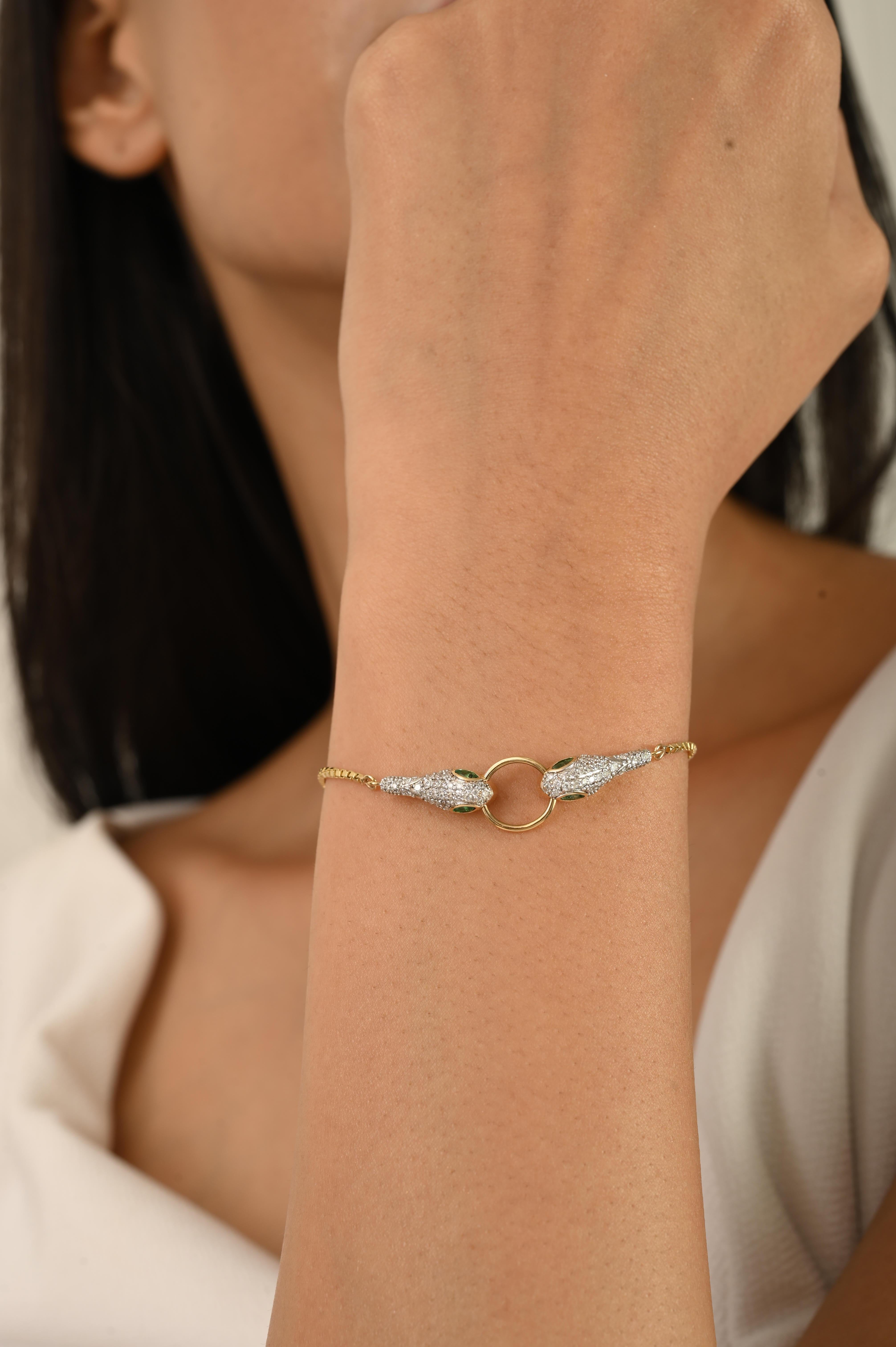 Marquise Cut Double-Headed Serpent Bracelet in 18K Solid Yellow Gold with Emerald & Diamonds For Sale