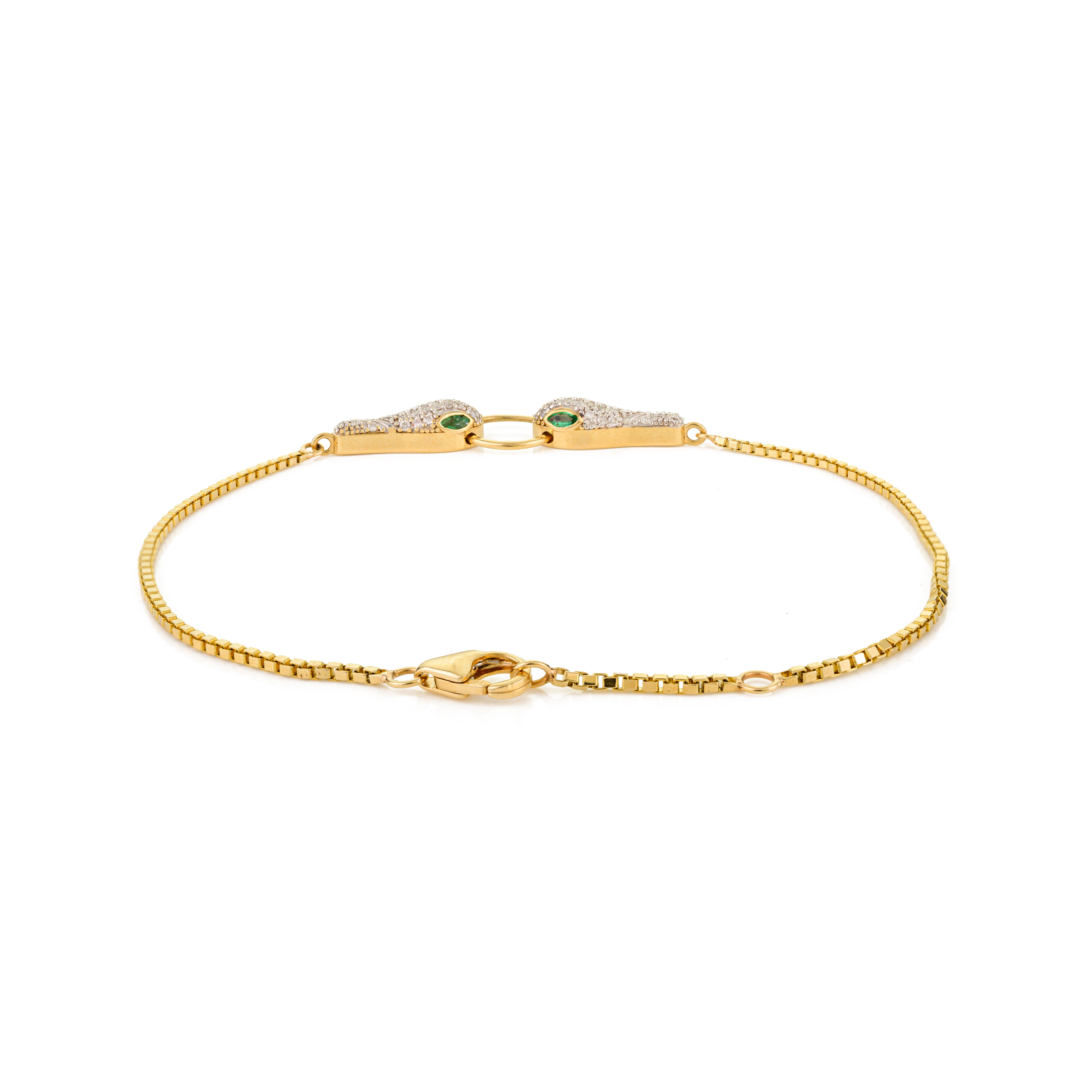 Double-Headed Serpent Bracelet in 18K Solid Yellow Gold with Emerald & Diamonds In New Condition For Sale In New York, NY