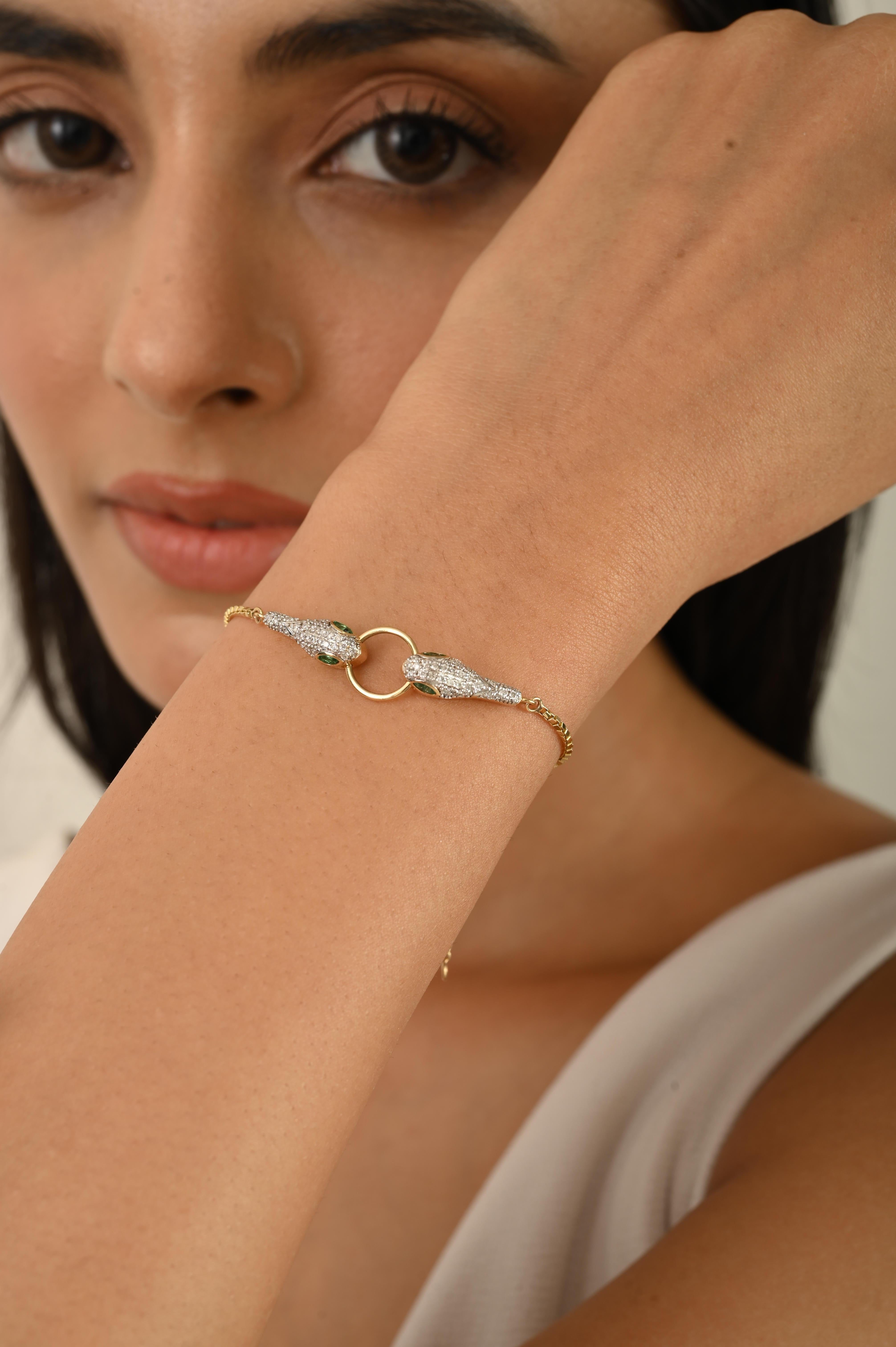 Women's Double-Headed Serpent Bracelet in 18K Solid Yellow Gold with Emerald & Diamonds For Sale