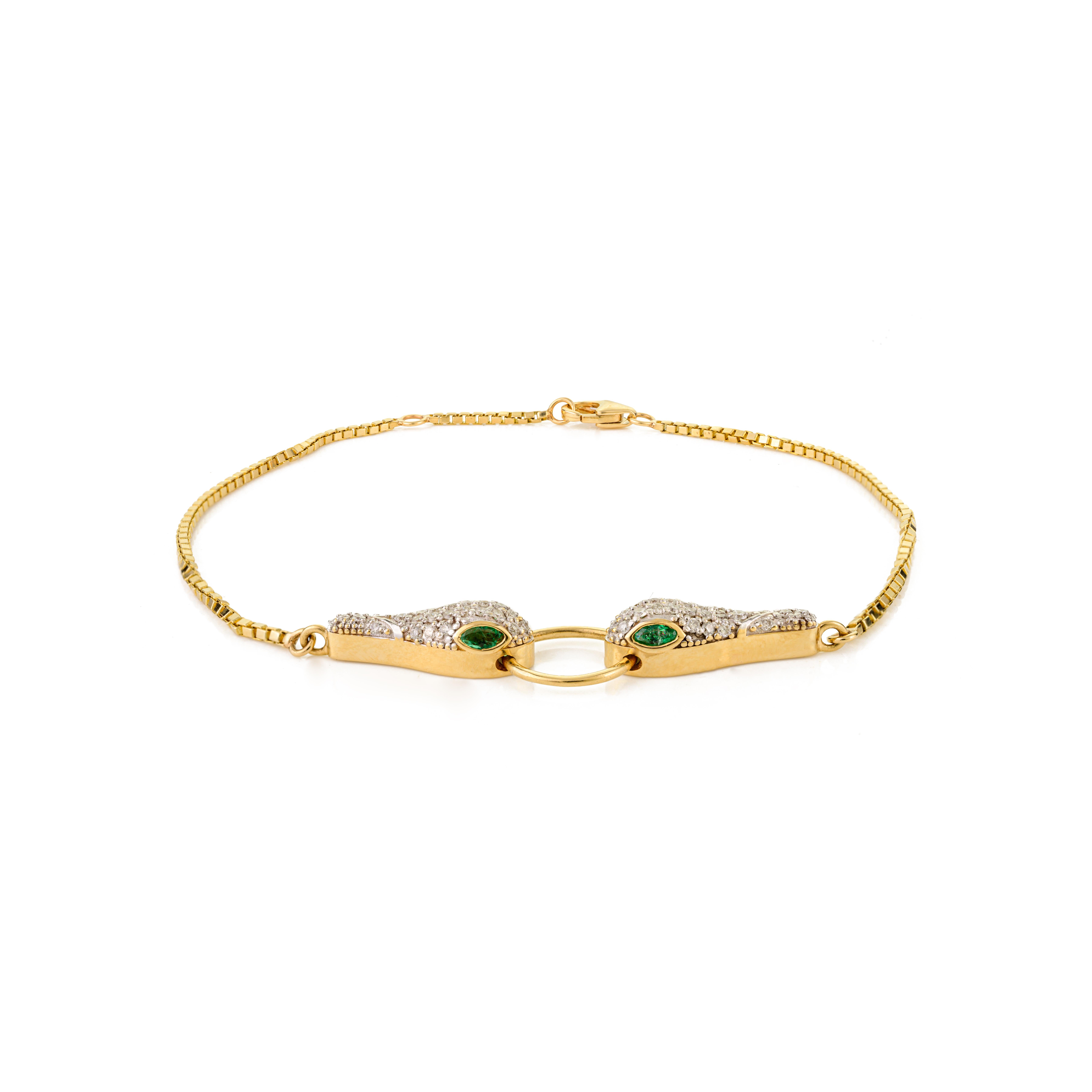 Double-Headed Serpent Bracelet in 18K Solid Yellow Gold with Emerald & Diamonds For Sale 1