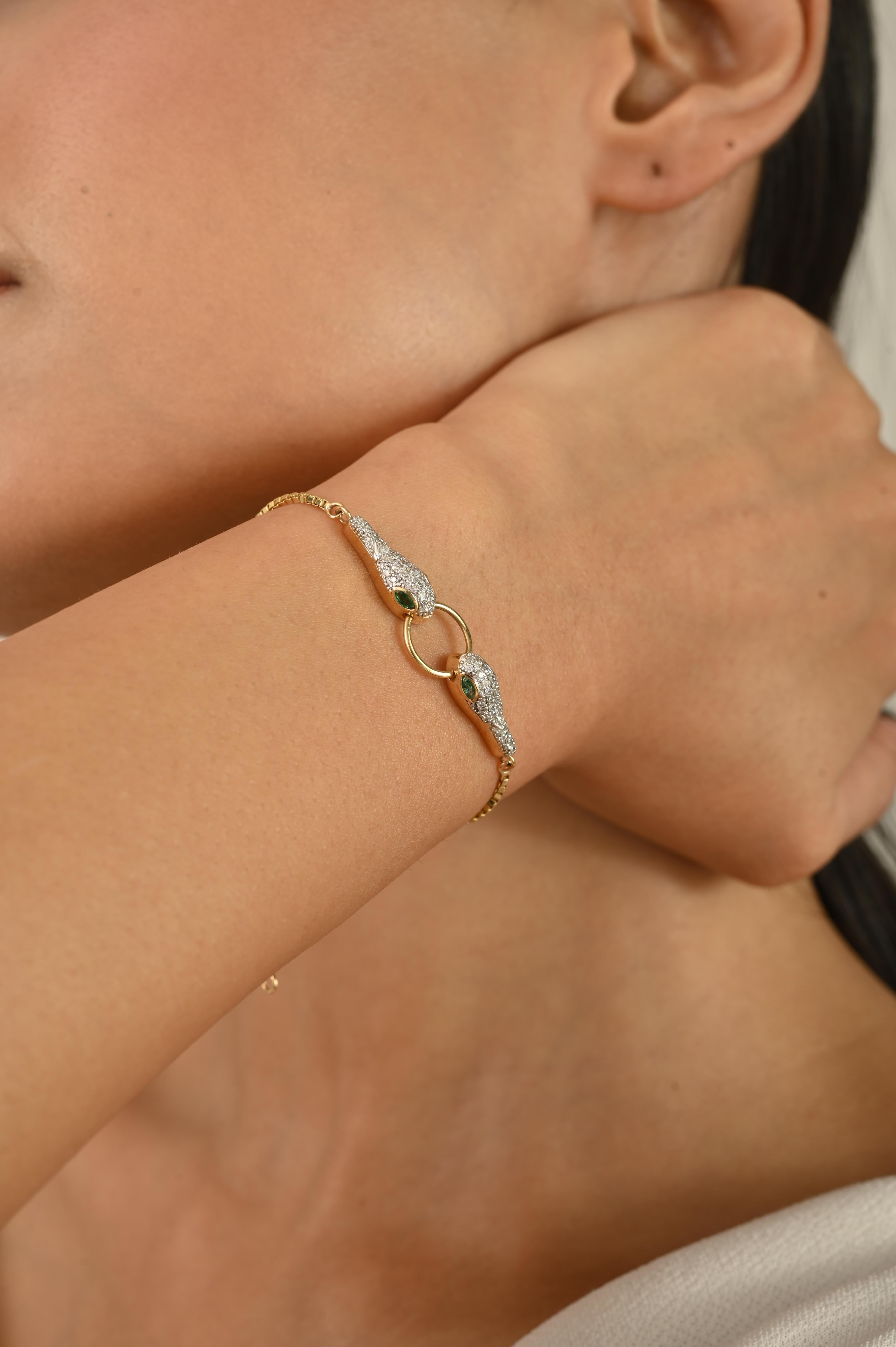 Double-Headed Serpent Bracelet in 18K Solid Yellow Gold with Emerald & Diamonds For Sale 2