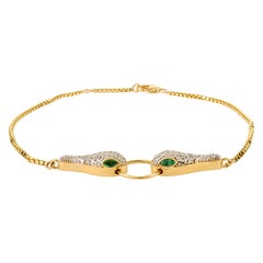Double-Headed Serpent Bracelet in 18K Solid Yellow Gold with Emerald & Diamonds