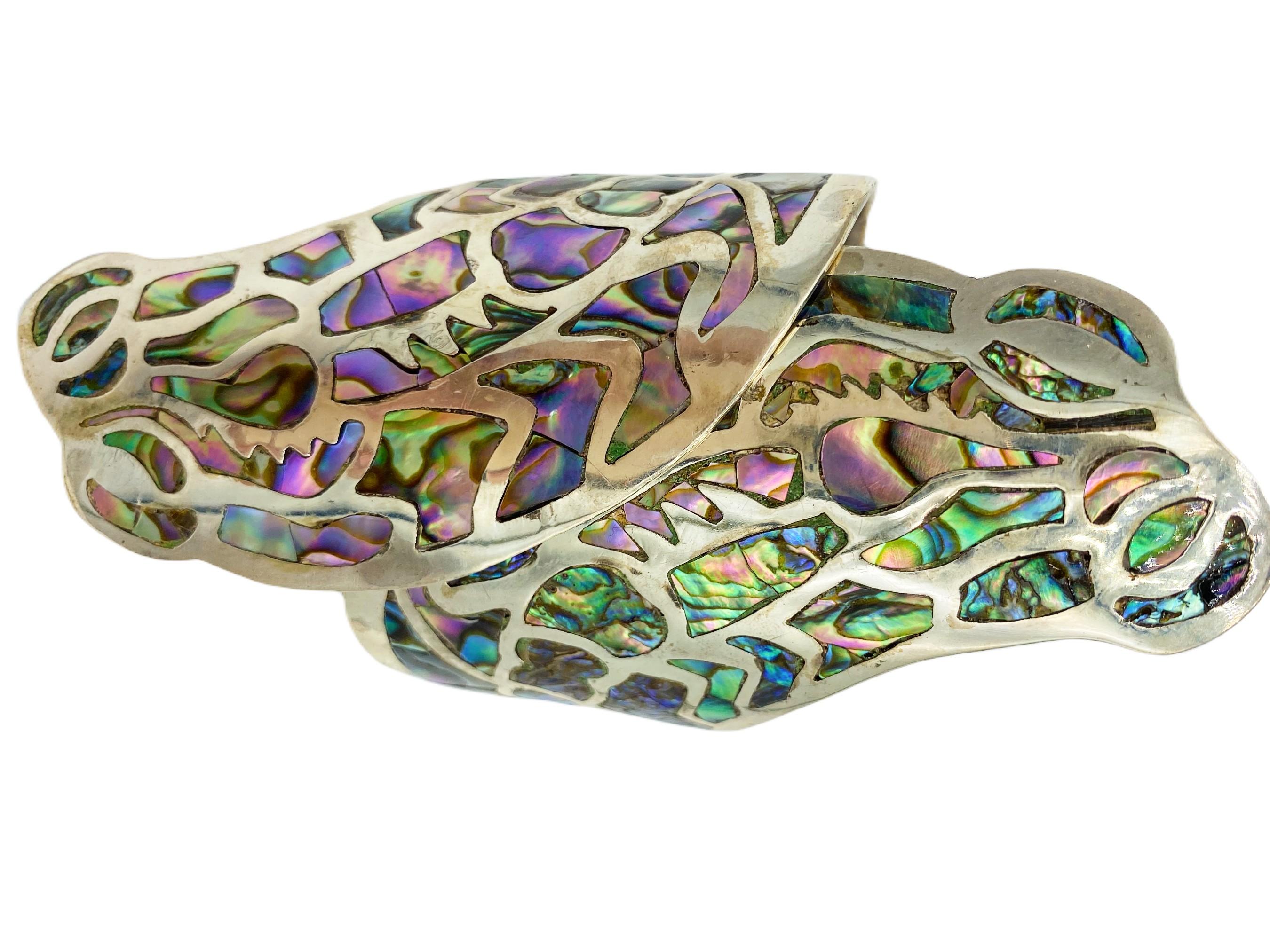 Double-Headed Schlange Sterlingsilber Abalone Taxco Mexiko Klapparmband mit Schlange im Zustand „Gut“ in North Attleboro, MA