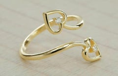 Double Heart 14k Solid Yellow Gold Diamond Band Ring