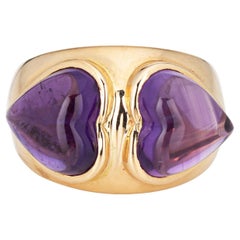 Double Heart Amethyst Ring Vintage 14k Yellow Gold Band Sz 5 Estate Jewelry