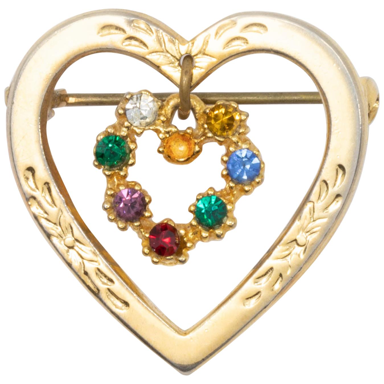 Double Heart Charm Dangling Crystal Pin Brooch in Gold, Mid 1900s For Sale