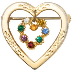 Vintage Double Heart Charm Dangling Crystal Pin Brooch in Gold, Mid 1900s