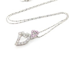 Double Heart Diamond and Pink Sapphire Pendant Necklace in Platinum