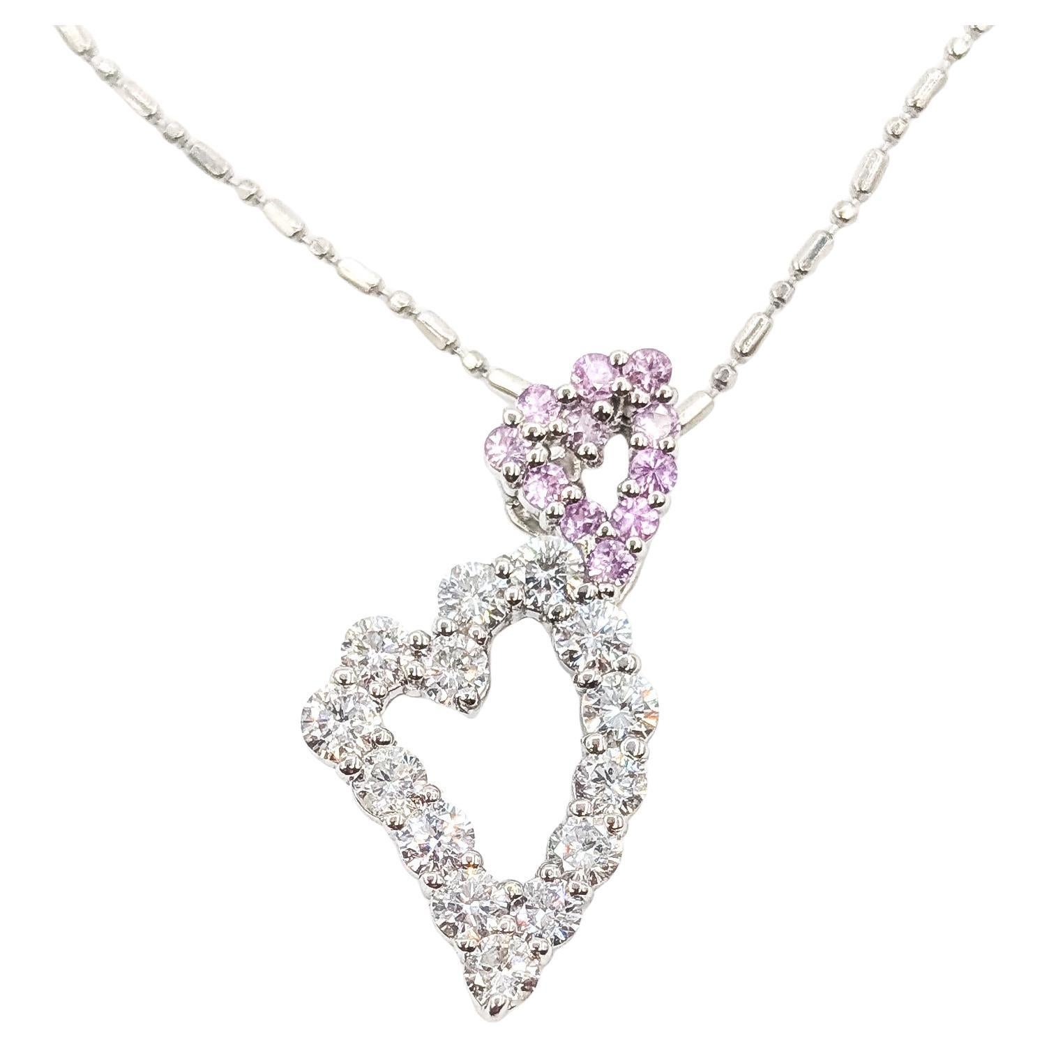 Double Heart Diamond & Pink Sapphire Pendant Necklace in Platinum