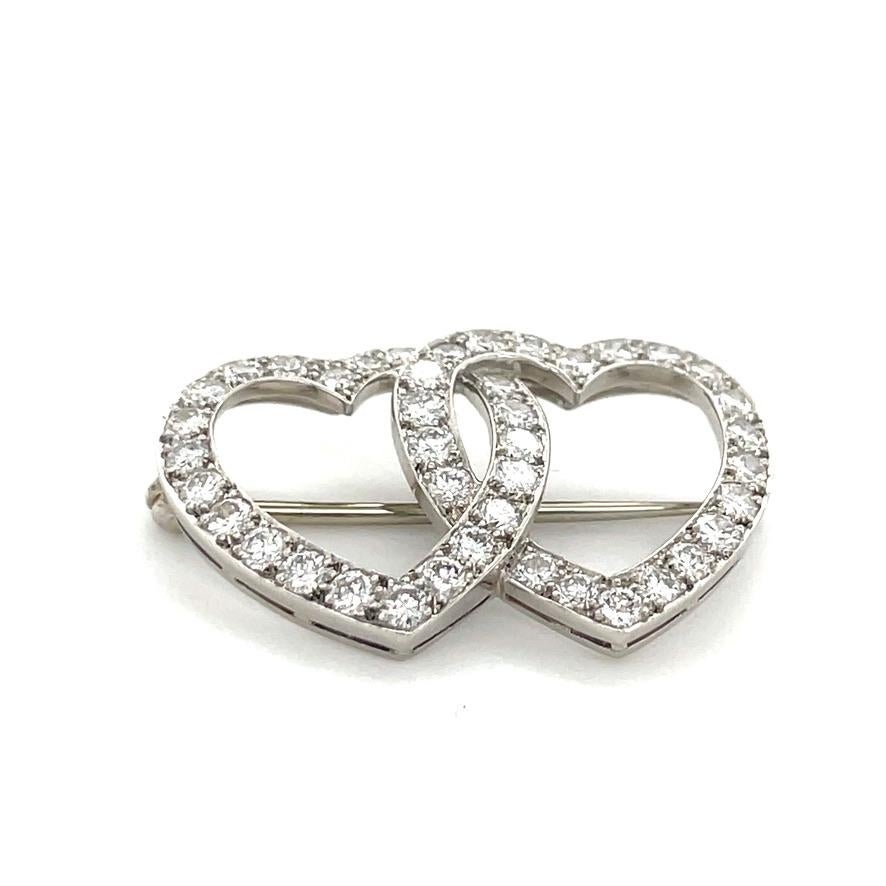 Edwardian Double Heart Diamond & Platinum Pin For Sale