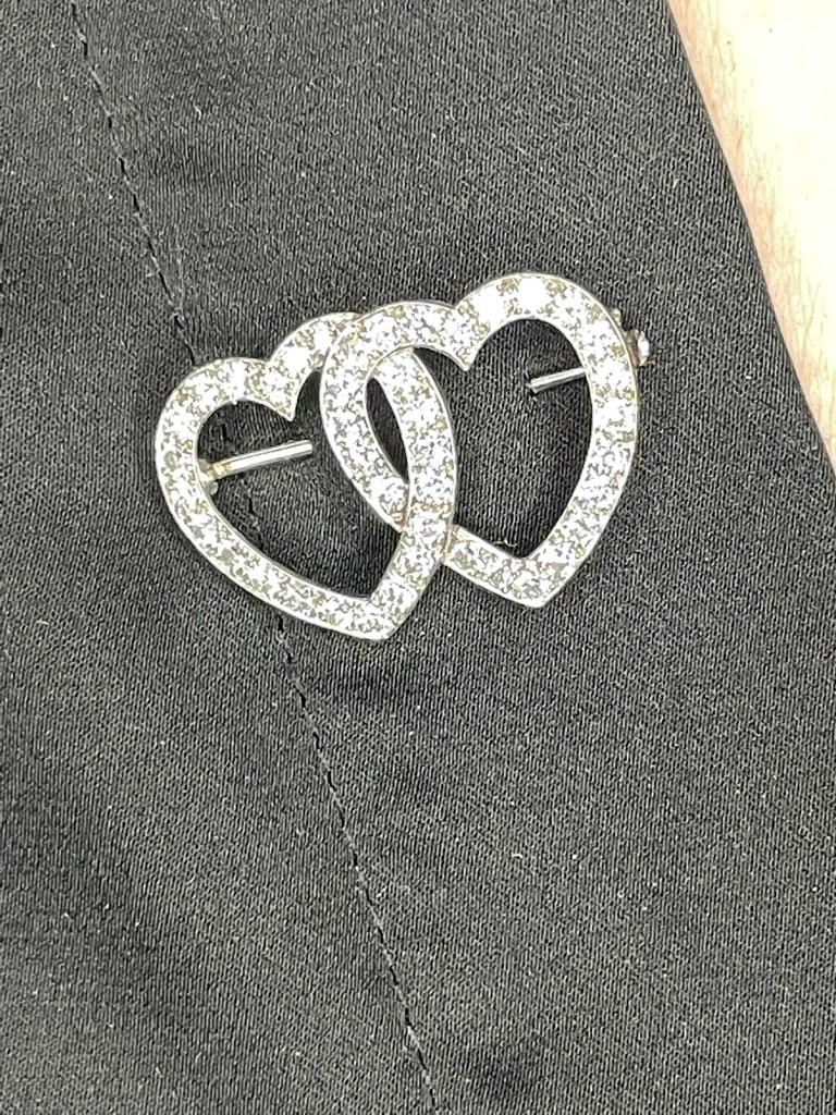 Double Heart Diamond & Platinum Pin In Excellent Condition For Sale In New York, NY