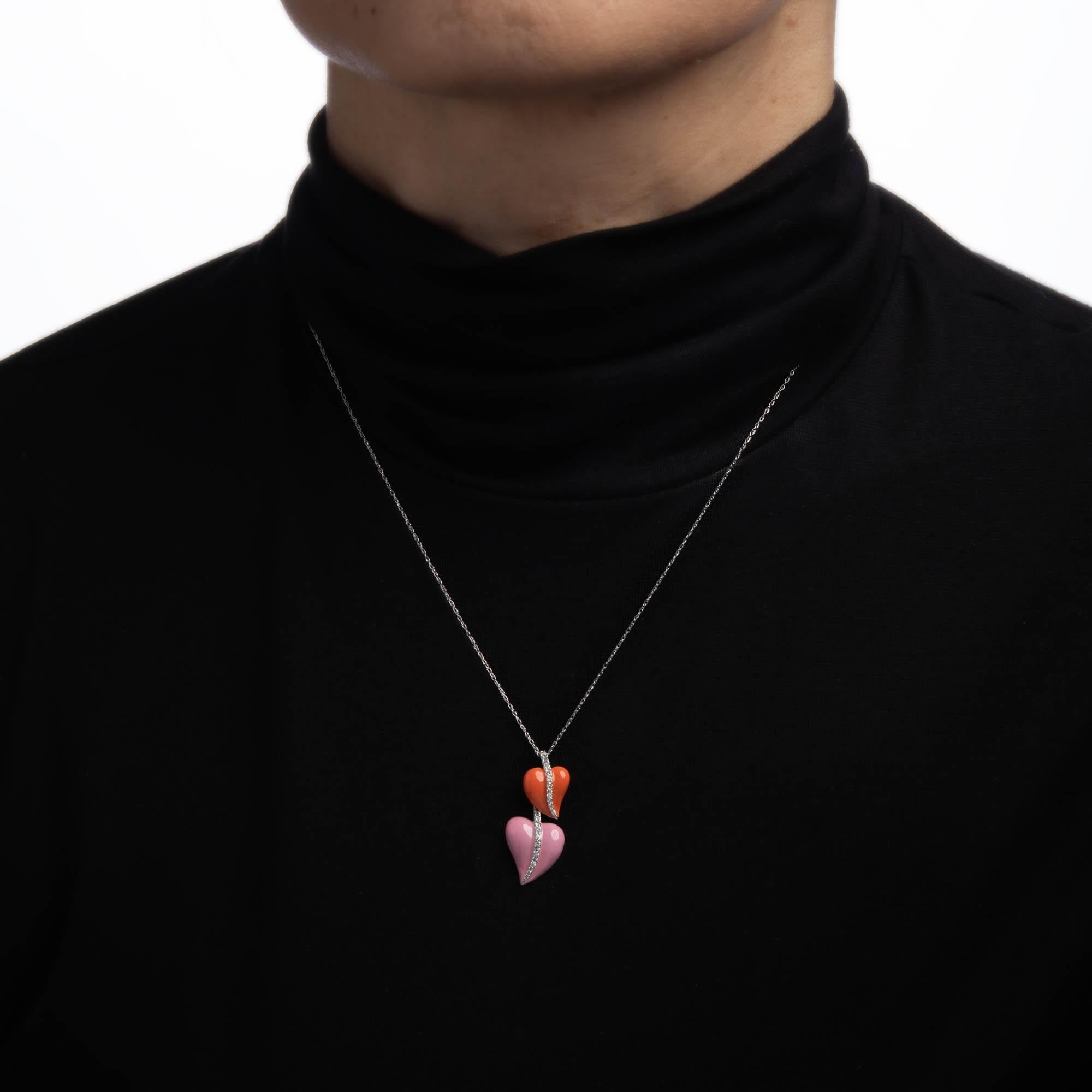 Modern Double Heart Enamel Necklace Diamond Estate 18k White Gold Jewelry Pink