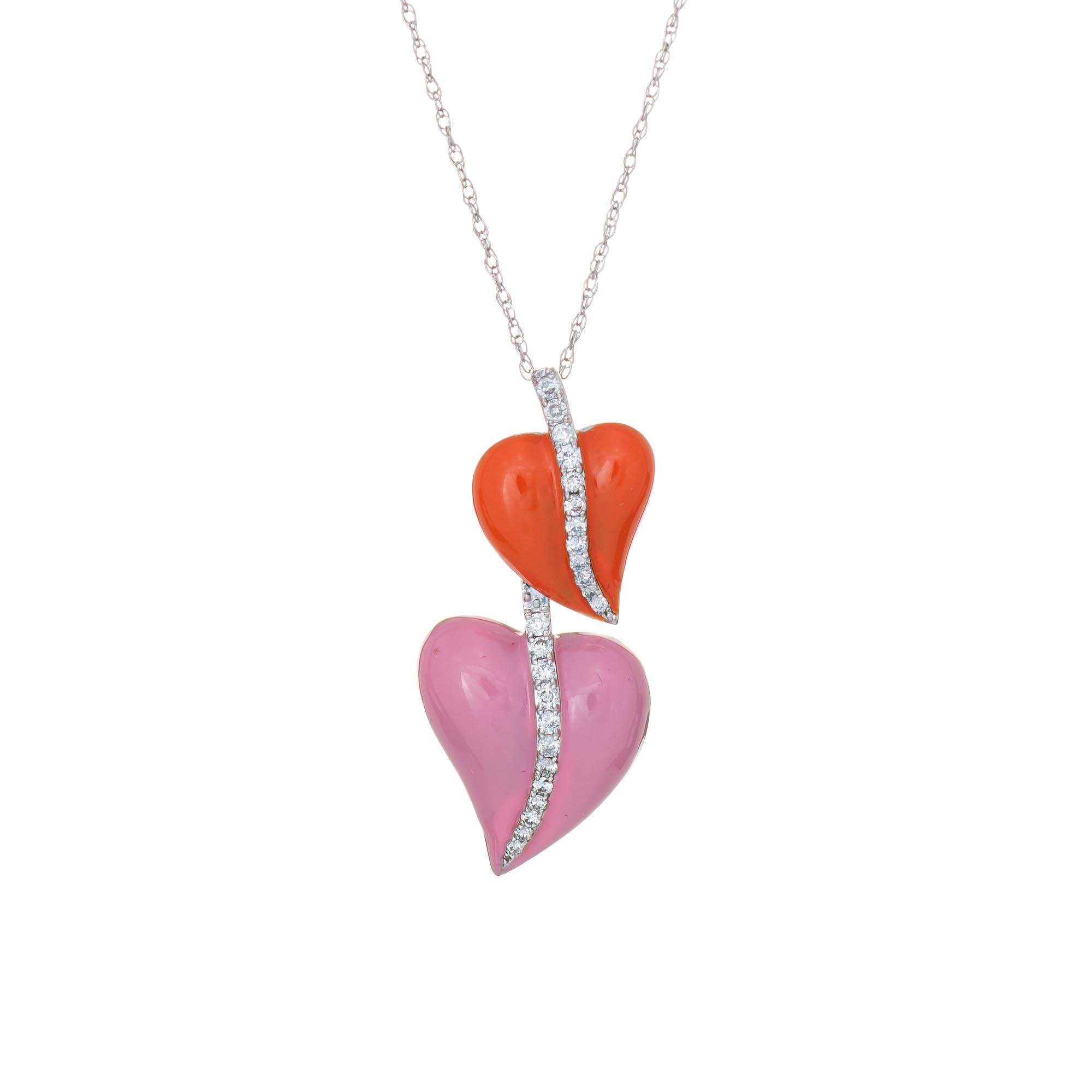 Round Cut Double Heart Enamel Necklace Diamond Estate 18k White Gold Jewelry Pink